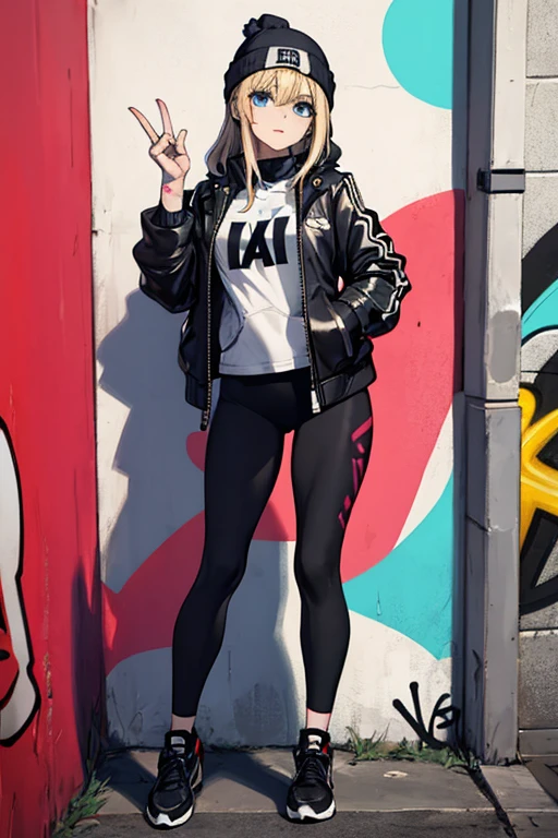 (masterpiece:1.2, best quality), (graffiti wall:1.15), 1lady, beanie, jacket, Leggings, blue eyes, fullbody,