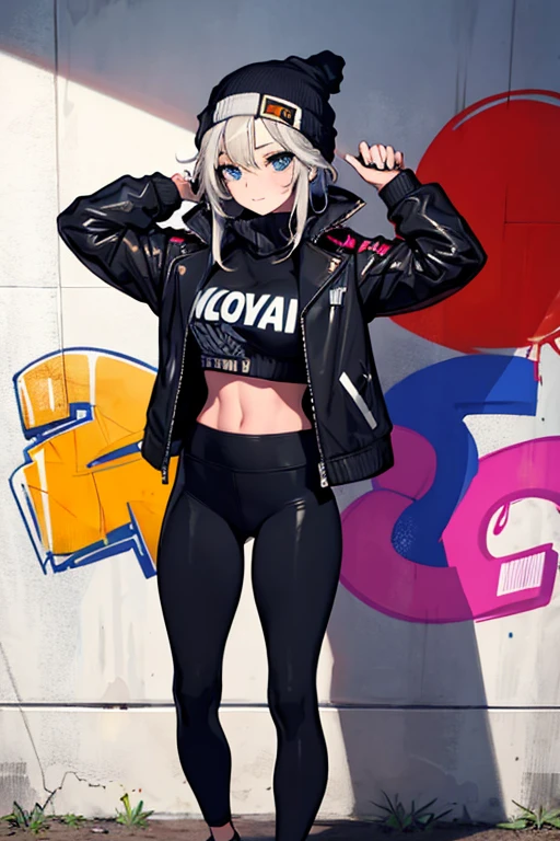 (masterpiece:1.2, best quality), (graffiti wall:1.15), 1lady, beanie, jacket, Leggings, blue eyes, fullbody,