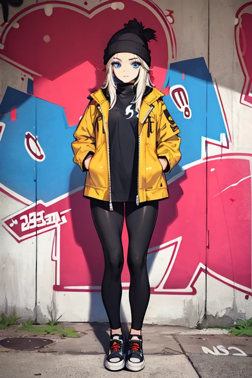 (masterpiece:1.2, best quality), (graffiti wall:1.15), 1lady, beanie, jacket, Leggings, blue eyes, fullbody,