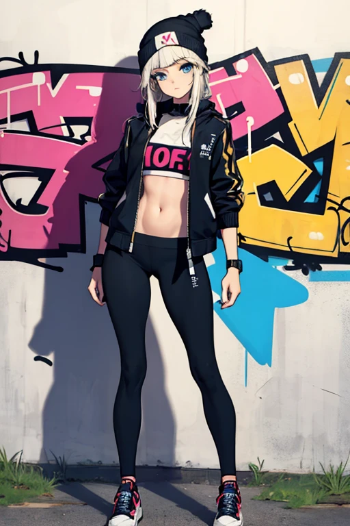 (masterpiece:1.2, best quality), (graffiti wall:1.15), 1lady, beanie, jacket, Leggings, blue eyes, fullbody,