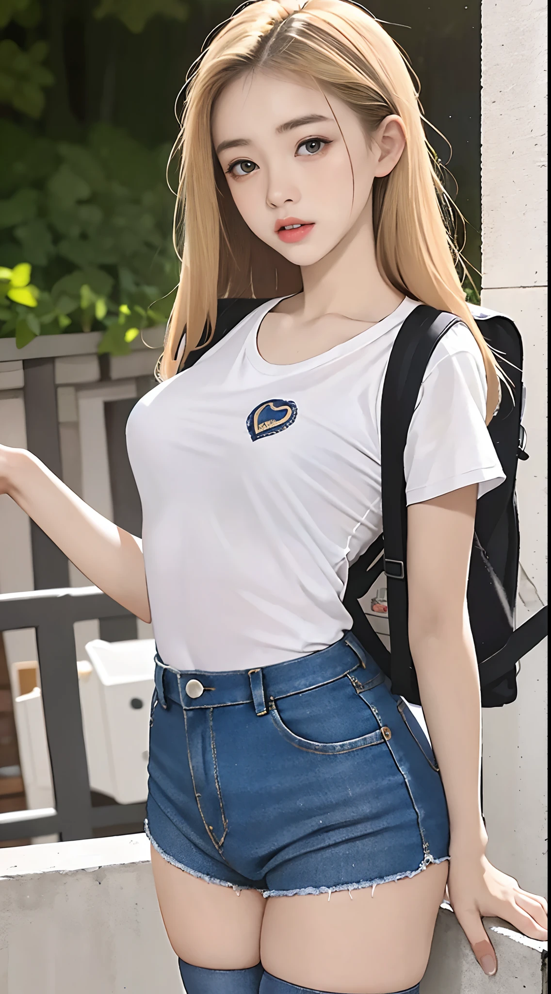 16 year old pre-teen, European, Blonde, Small breasts, Big eyes, close-up on breasts, low-cut t-shirt, denim shorts, powder tights, backpack, sexmachine, Ray Tracing, HDR