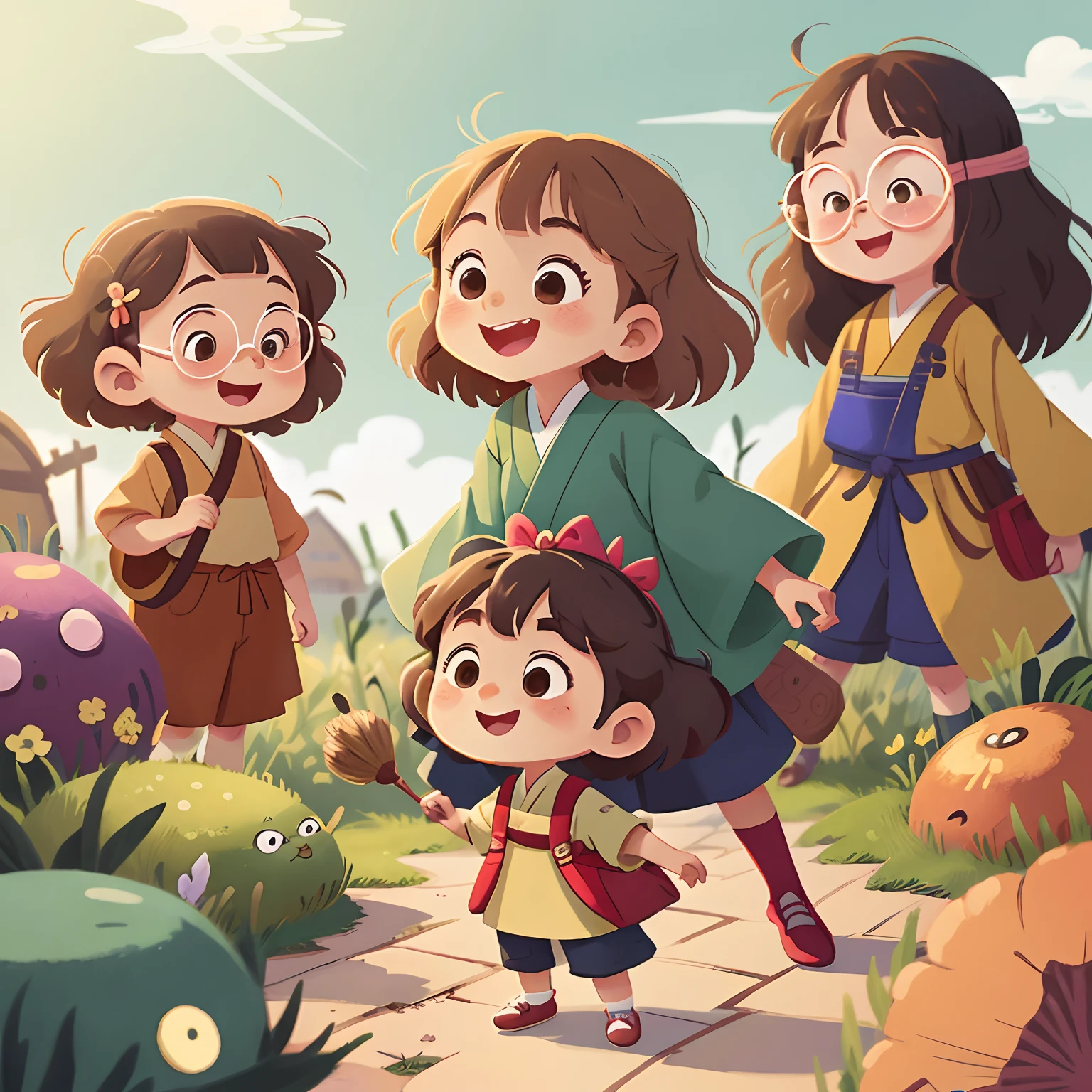 Menina japonesa, happy , cabelo marrom claro, long eyelashes, oculos redondo marrom escuro, Estilo bucolico. Women's children's clothing. Cor lisa. Arte simples. Estilo estudio ghibli. Estilo personagem moranguinho.