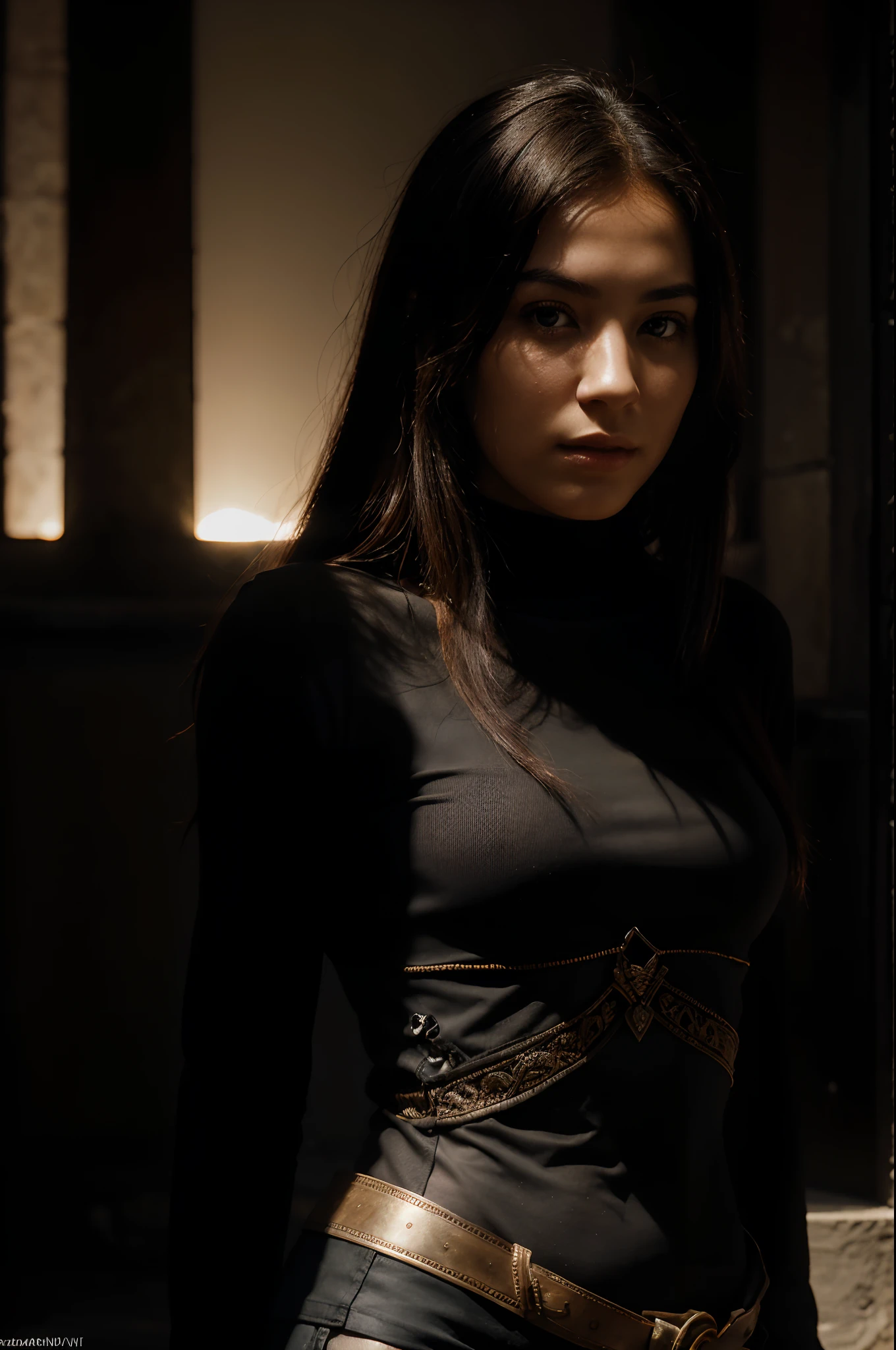 Photographic of a young Woman simple and dark background, emphasizing the details of the figure and accessories, dark background, stunning photo chronic method, photo realism, archaeogaming, persepolis, vascular network, zwd backlighting intricate details, hyperdetailed, surrealism, permutation, raytracing