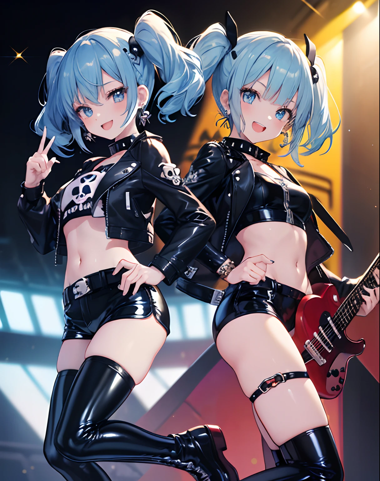 {{{masutepiece}}}, {{{Best Quality}}}, {{Ultra-detailed}}, {Illustration}, {{extremely delicate and beautiful}},Precure
Extra digits,Bad hands,Five Fingers,point at viewer,Bad anatomy,((Smile))
Cute Girl, Shiny body, Shiny skin, Midbust,((Blue hair, Twin tail)), Blue eyes,((masutepiece)) .(((Two girls with guitars)))、((Play the guitar back to back))flat chest .Her S is so small.  (rock style), (Wearing a black leather jacket over a black crop top:1.4), (Black latex shorts:1.4), ((Jacket Pull, Bare shoulders):1.3), (Black crop top with zipper:1.3), (Crazy amount of buttons:1.2), ((Skull Print, Navel):1.2), (latex belts, Black Dog Collar:1.3), (Studded Accessories,earrings:1.1), Combat boots,,On a sparkling live stage,Happiness、open open mouth、the wind, breezing, Happiness, Focus, Cute Hair Ornament、Cute earrings、A smile