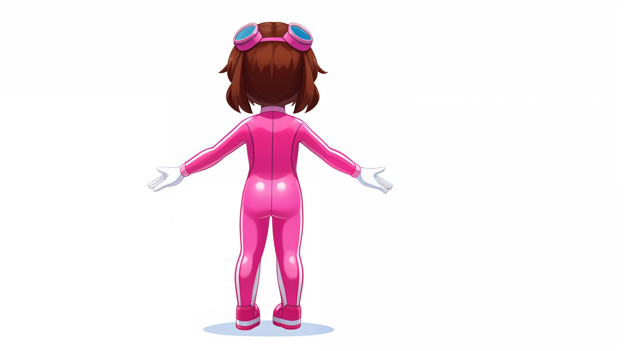 rear image, a single 5 year old girl with her back turned, alone, standing, with brown hair, arms apart, legs apart, pink wetsuit, white gloves, pink shoes, goggles, diving shoes, full body, white background, illustration childish 2D style.