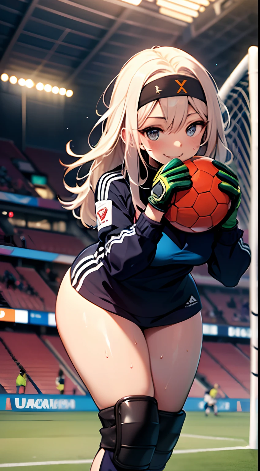 UHD, anatomically correct, 8k, ultra high res, (((masterpiece))), (((best quality))), (((ultra detailed))), (((high-resolution))), ((super fine illustration)), ((Ultimate cutie)), detailed beautiful face, solo, one girl, , potbelly, (curvy), medium breasts, (Thick thighs), shiny hair, happy, (smile), ((goalkeeper)),
 BREAK, (((buruma))), long sleeve, headband, ((gloves)), ((knee pad)), elbow pad, BREAK, ((hold the exposed Beautiful spherical shape 6-inch soccer ball with both hands)), leaning forward, (sweat), (covered in sweat), (heavy breathing), sense of depth, soccer stadium, soccer goal, looking at viewers