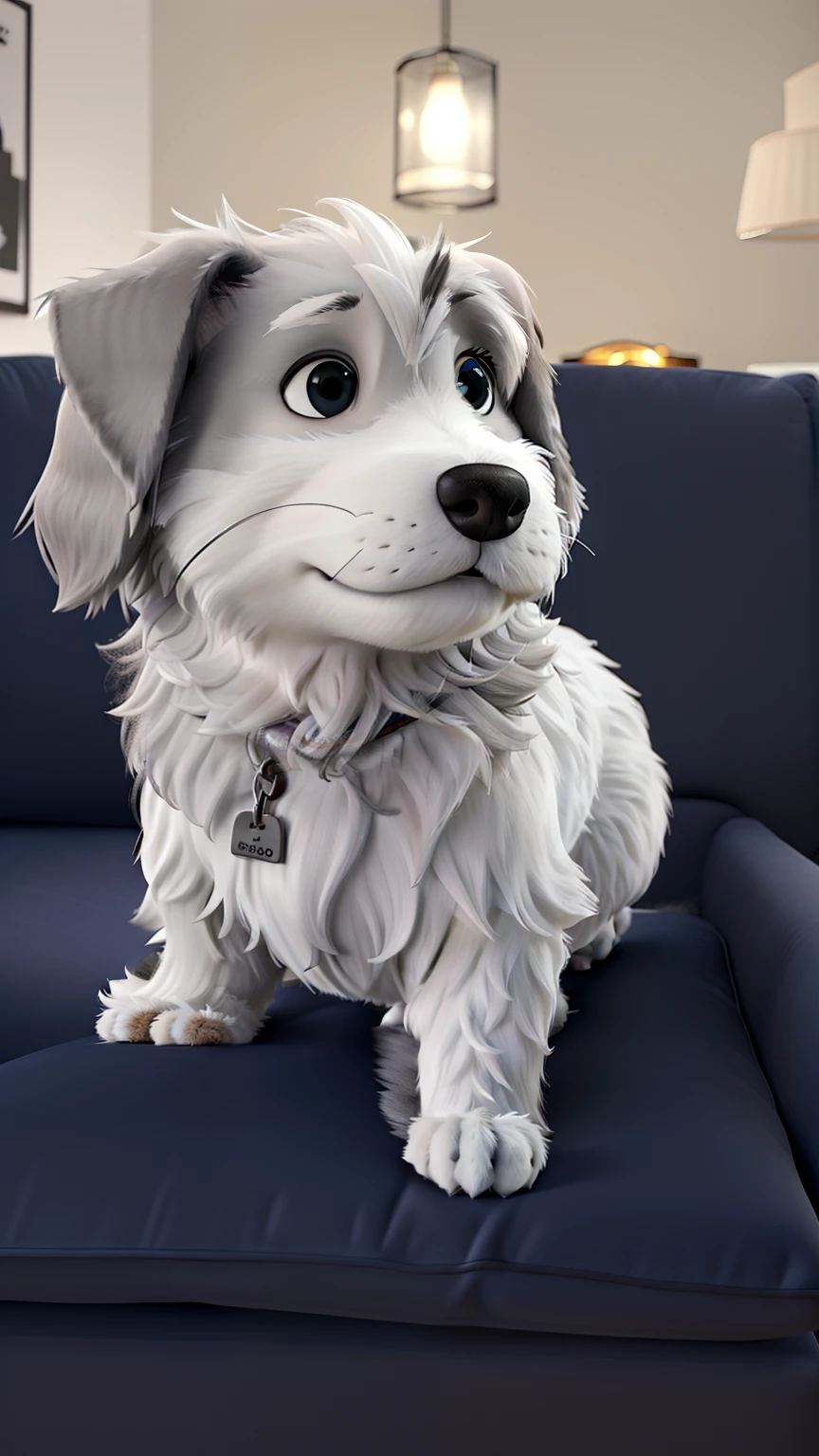 A white and gray furry dog, seated in a couch, sad face expression, olhos negros, sem coleira