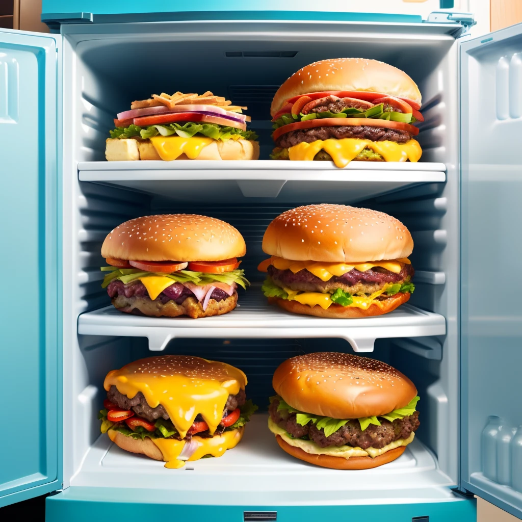 fridge overflowing with cheeseburgers