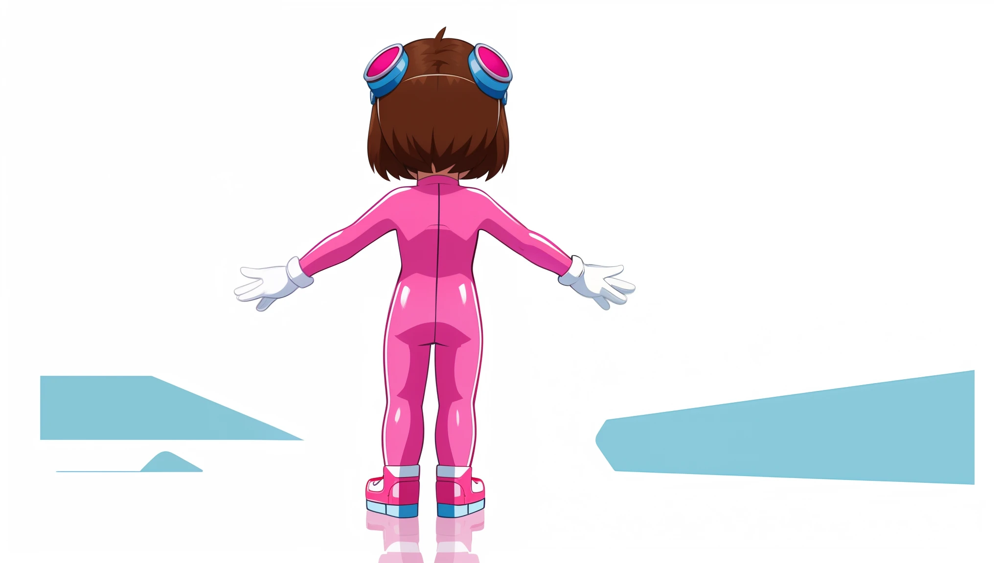 rear image, a single 5 year old girl with her back turned, alone, standing, with brown hair, arms apart, legs apart, pink wetsuit, white gloves, pink shoes, goggles, diving shoes, full body, white background, illustration childish 2D style.