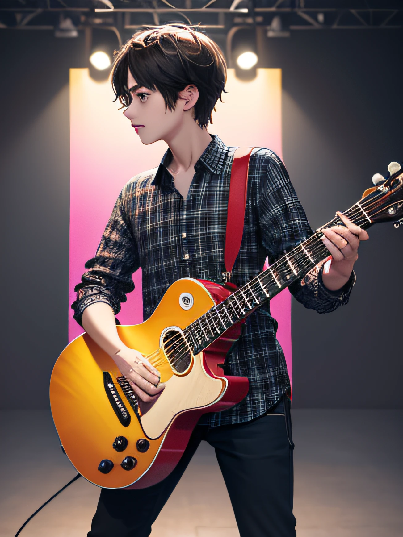 young man playing guitar and singing, checkered shirt, full body in 3/4 angle, full shot, posing for a poster, digital art, vibrant colors