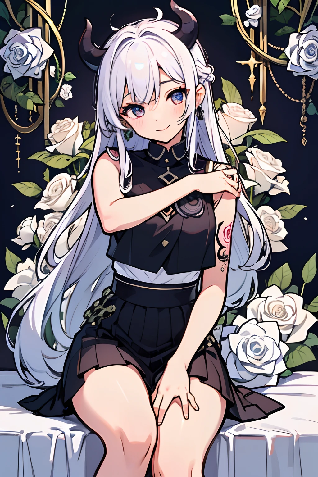 1girl, white hair, messy hair, long hair, black short vest, black ripped shorty, strings, earrings, shaman, almond eyes, demon soft tail, tattoos on right arm, cross earring, masterpiece, beautiful and aesthetic, illustration, smile, high quality, professional art, fancy background, blue roses, white roses
