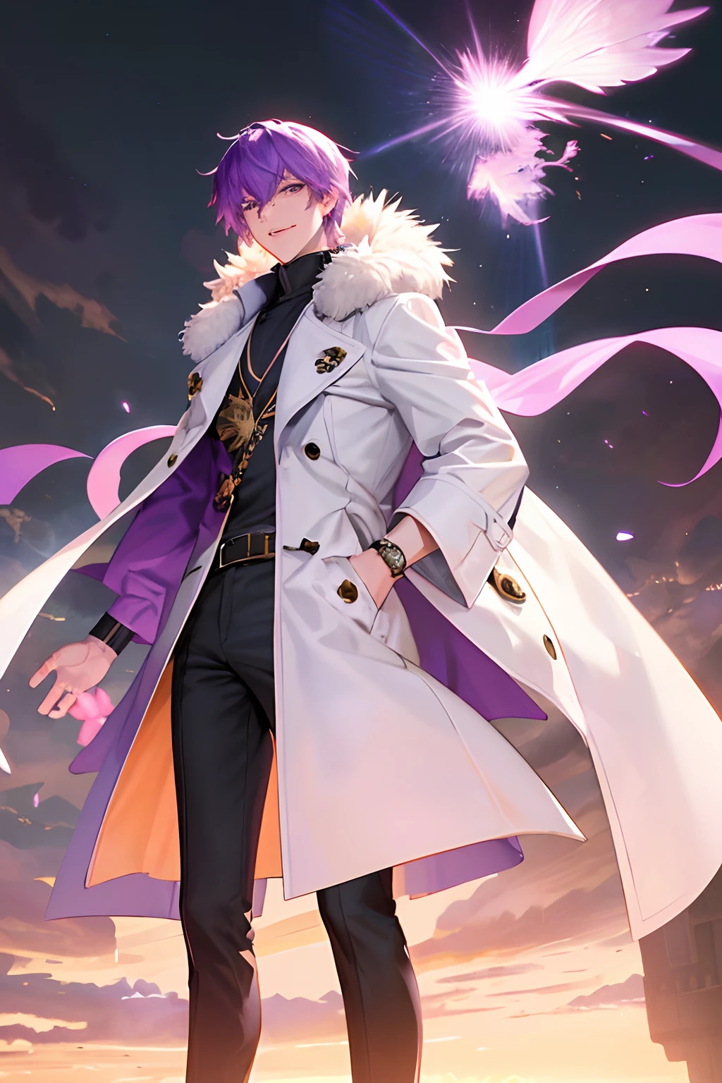 Tall man, flowing purple hair, beautiful purple sparkly eyes, standing in a cloudy world, arms outstretched, blissful, bloodshot eyes, wearing a long white duster coat, white dress shirt, purple flower on coat, white pants, white gloves, golden watch, golden rings, golden necklace, white boots, ecstatic, handsome, divine, wispy, muscular male, buff, intimidating, mighty, detailed, masterpiece, perfect, fur coat, puffy trenchcoat, chiseled face, handsome, smiling