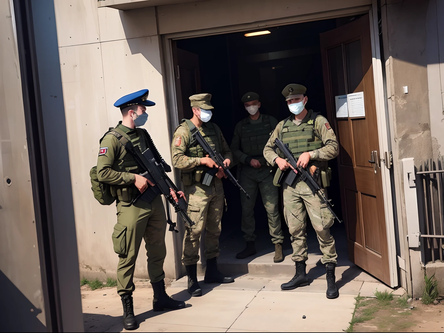 Men in military uniform with weapons in their hands seize the building