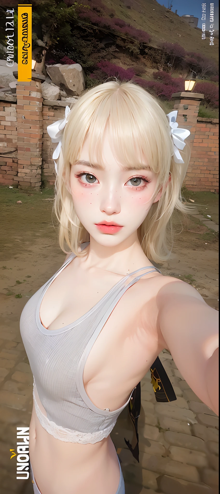 official art, unity 8k wallpaper, ultra detailed, beautiful and aesthetic, masterpiece, best quality,  (close up, face focus:1.2), (zentangle, mandala, tangle, entangle), (fractal art:1.3) , 1girl, extremely detailed,  dynamic angle, the most beautiful form of chaos, elegant, a brutalist designed, vivid colours, romanticism, by james jean, roby dwi antono, ross tran, francis bacon, michal mraz, adrian ghenie, petra cortright, gerhard richter, takato yamamoto, ashley wood, atmospheric, ecstasy of musical notes, streaming musical notes visible, blonde hair hd, eyes blue hd, selfie foto hd, tank top white ash hd,