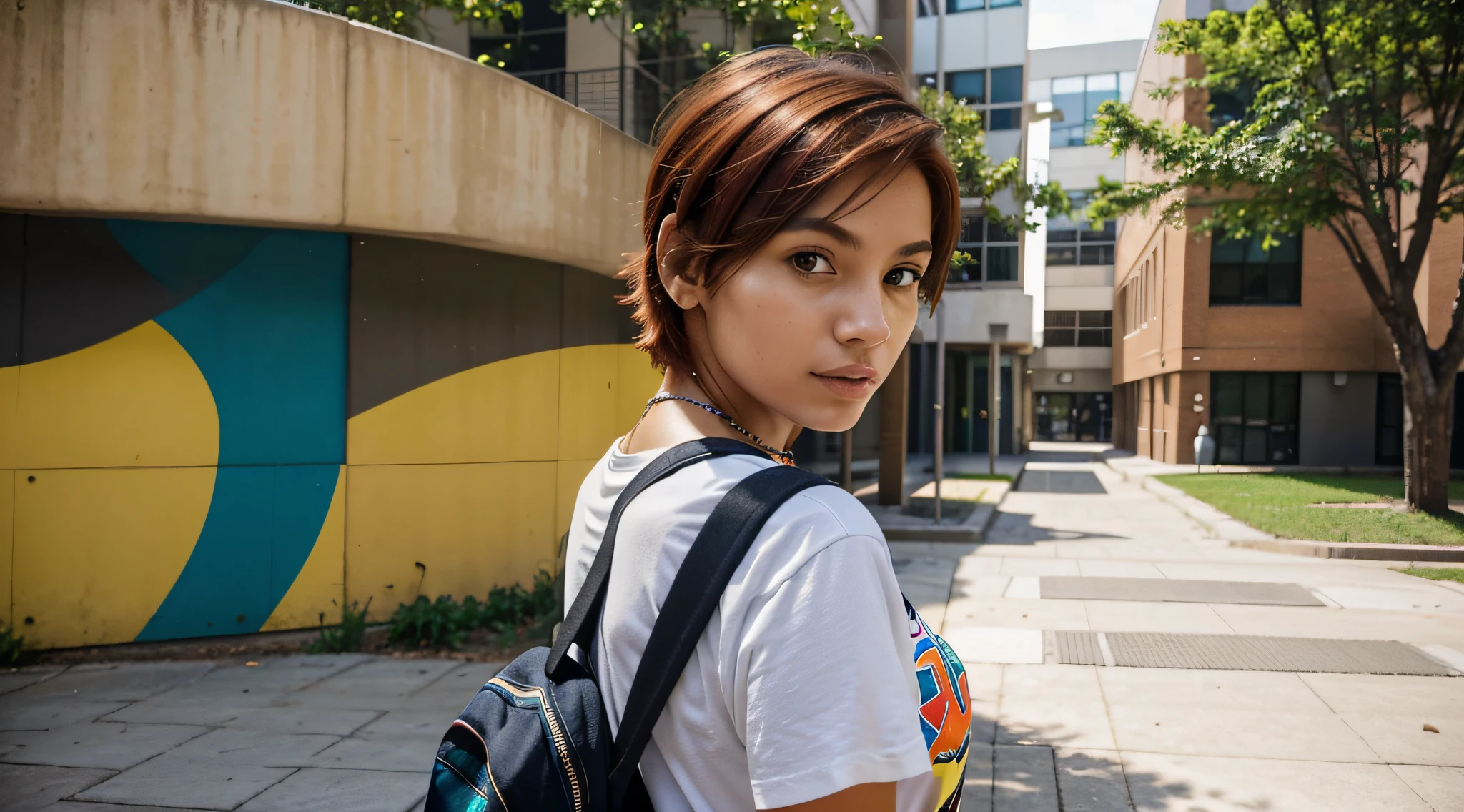 Generate an image of a Brazilian female student in a modern university setting. She is tall, slim, and has short red hair. Her eyes are light brown, radiating determination. She wears a stylish and modern outfit with a colorful, abstract T-shirt and carries a backpack on her back. She also has wireless headphones around her neck. In the background, include contemporary urban abstract paintings, creating a cutting-edge atmosphere on the university campus.