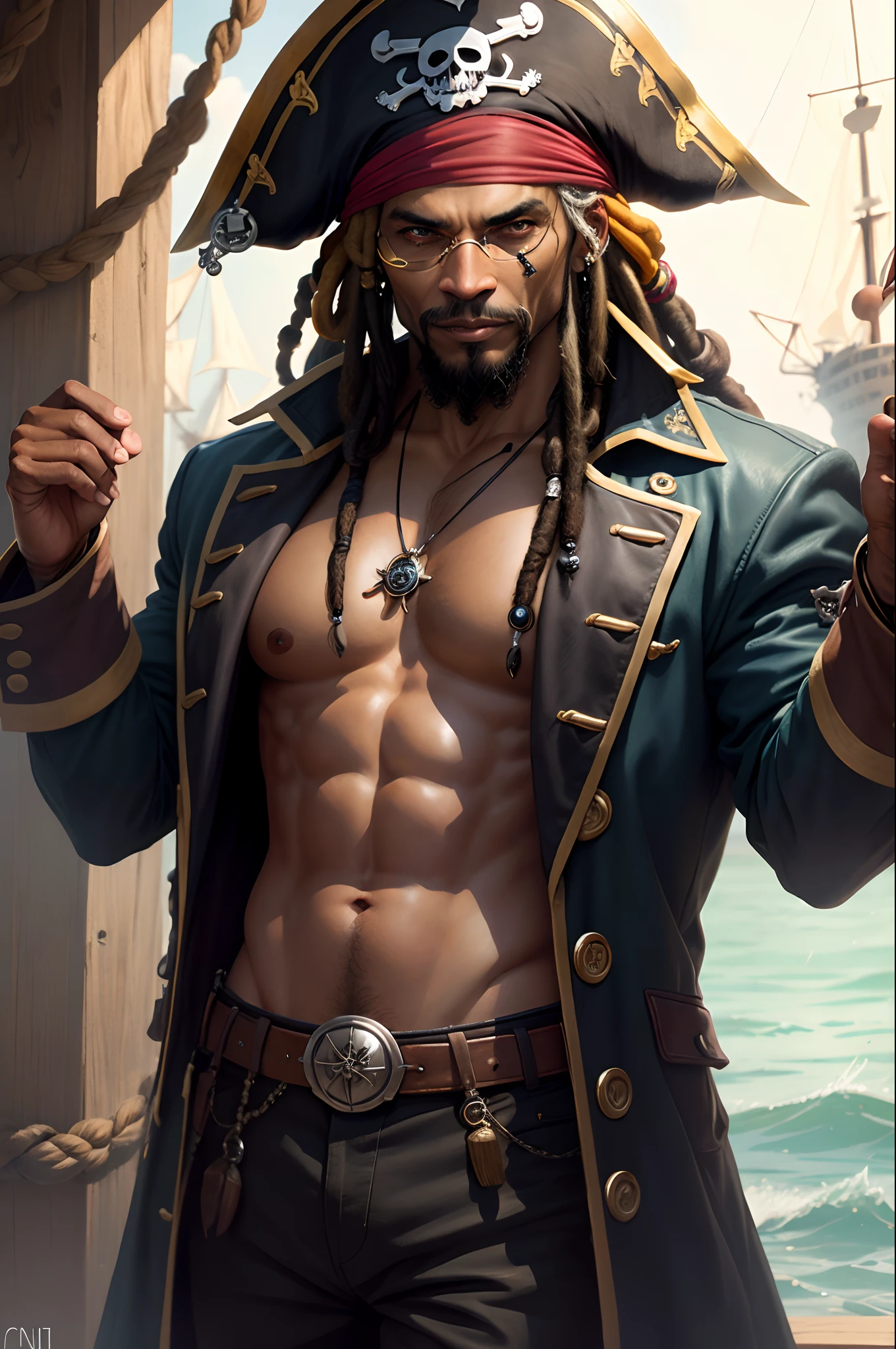 Older black pirate with dreads, cunning look