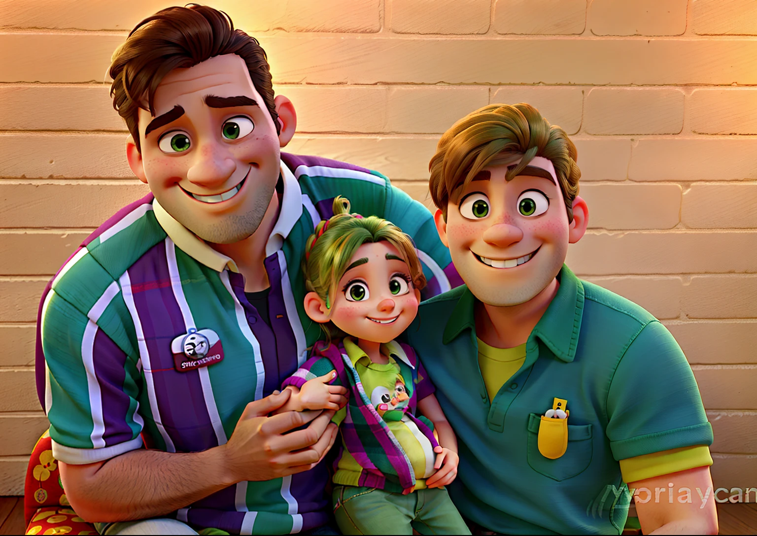 A smiling man hugging a woman in a green shirt and hair up ,  holding her 5-month-old male baby on her lap, everyone is happy, no fundo uma parede de tijolos, desenho em estilo disney pixar, alta qualidade