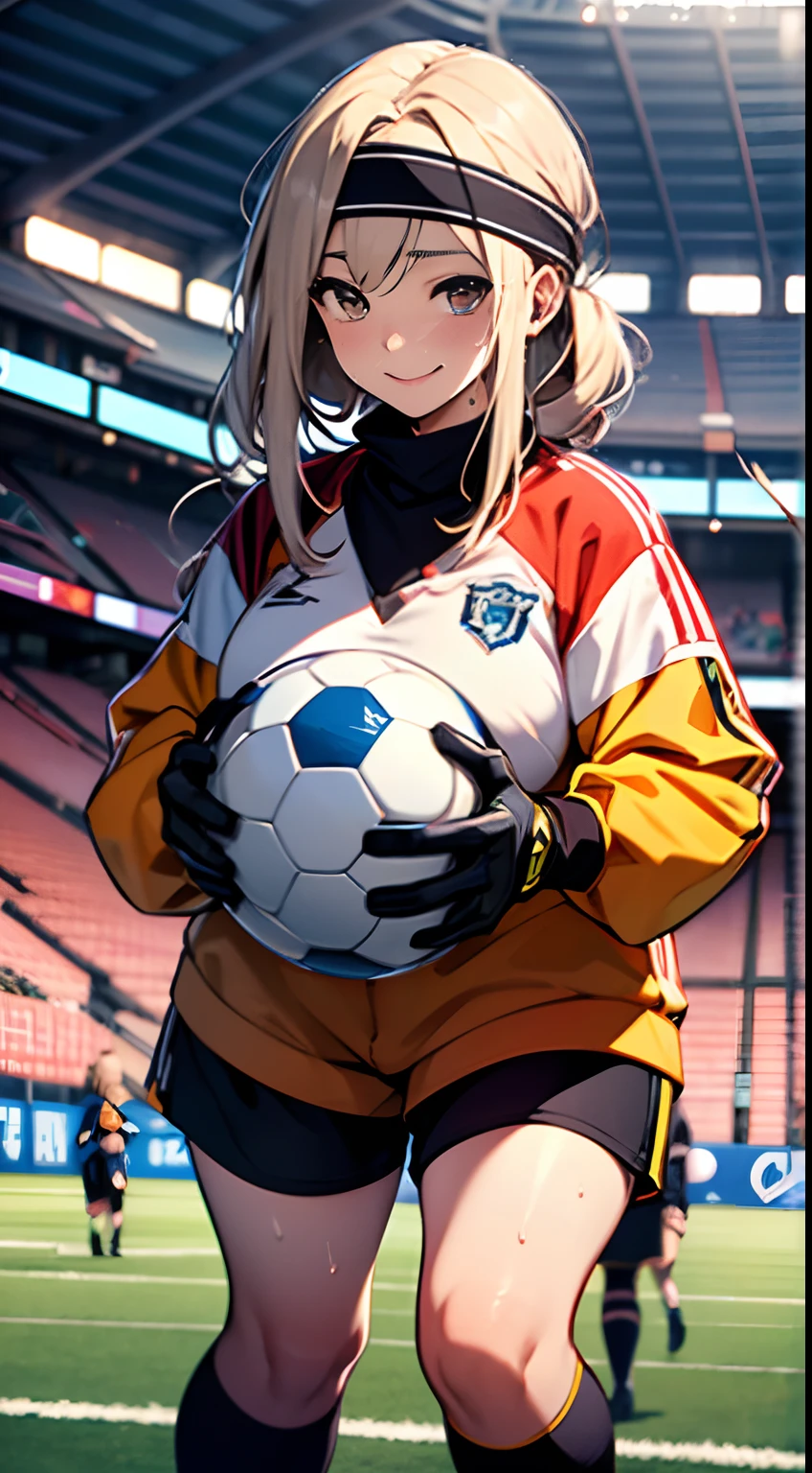 UHD, anatomically correct, 8k, ultra high res, (((masterpiece))), (((best quality))), (((ultra detailed))), (((high-resolution))), ((super fine illustration)), ((Ultimate cutie)), detailed beautiful face, solo, one girl, , potbelly, (curvy), medium breasts, (Thick thighs), shiny hair, happy, (smile), ((goalkeeper)),
BREAK, (((buruma))), long sleeve, headband, ((gloves)), (knee pad), BREAK, ((hold the exposed Beautiful spherical shape 6-inch football with both hands)), leaning forward, (sweat), (covered in sweat), (heavy breathing), sense of depth, soccer stadium, soccer goal, looking at viewers