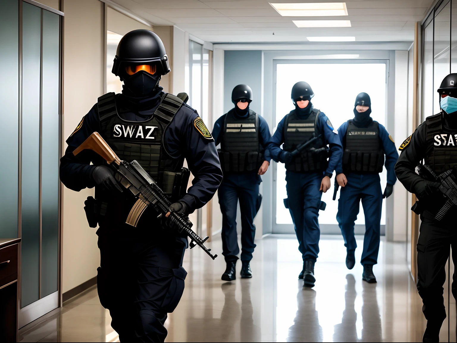 SWAT team walking in office, they wearing black American military modern equipment, vest and black mask, holding the ak-47 gun
