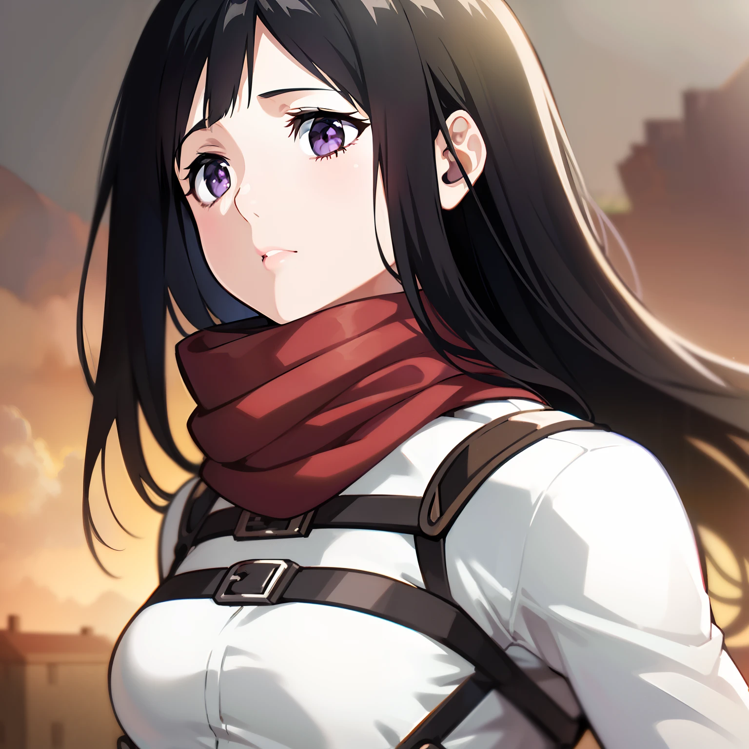 (A superb exquisite Chitanda Eru), purple eyes, long black hair, natural straight hair, straight bangs, solo, (Small_breasts: large_breasts: 0.5), outdoor, (((attack on titan, red scarf))), extremely delicate, straight facial features, peerless beautiful girl, dreamy quality, exaggerated facial features, solid color, delicate face, bright lips, slender waist, soft curves, real light and shadow, super fine, 8K HD, natural moving, (masterpiece:1.4), (finely detailed beautiful eyes: 1.2), (beautiful detailed adult face)