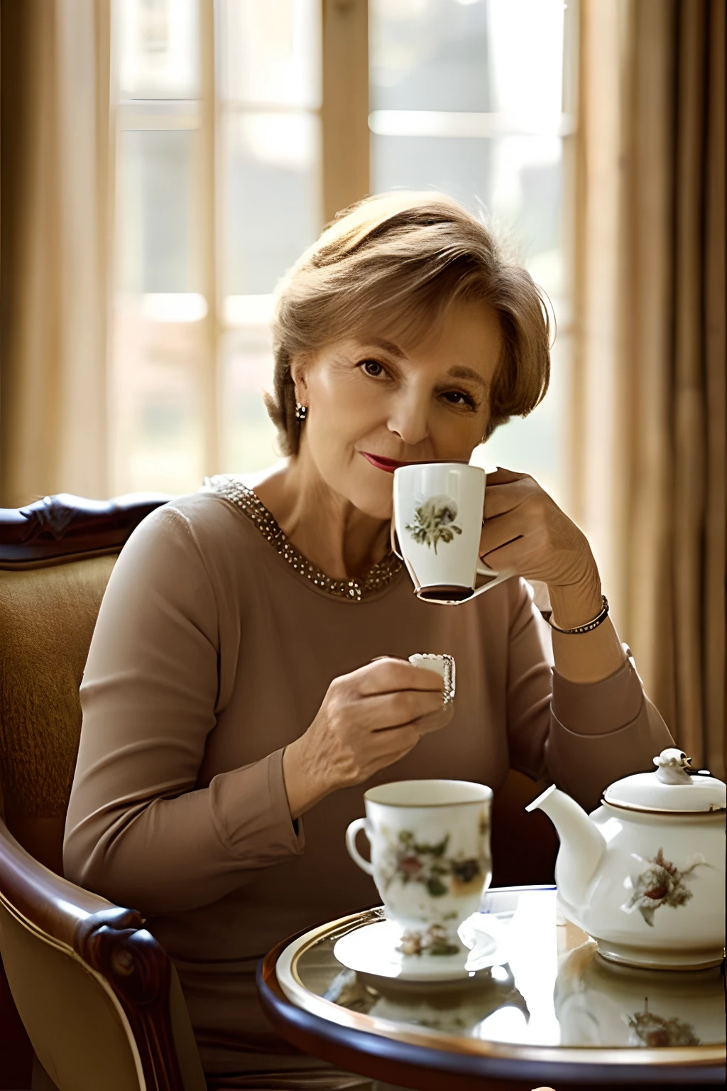 A 60-year-old woman drinking tea in a comfortable chair, light brown hair reflected from the window light, a small tea table, a luxury accent