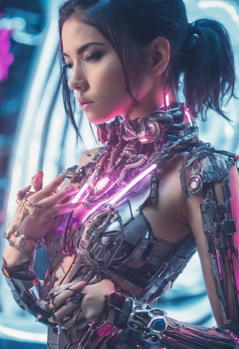 RAW photograph, high quality full length portrait, street fashion photography, RAW photo of a 21 yo woman with unstyled hair, a nymph, dark pink hair, hands on hips, dark make up, small breasts, skin tight sheer see-through crop top and skirt, twin ponytails, choker, stockings. natural pale skin texture, silver necklace, short depth of field, intricate, elegant, detailed textures, sharp focus, bracelets, neck chain, ultra high pixel detail, cinematic, intricate, cinematic light, realistic, movie scene, cinematic, high quality, style, full colors, incredibly detailed, 4k, 8k, detailed skin,