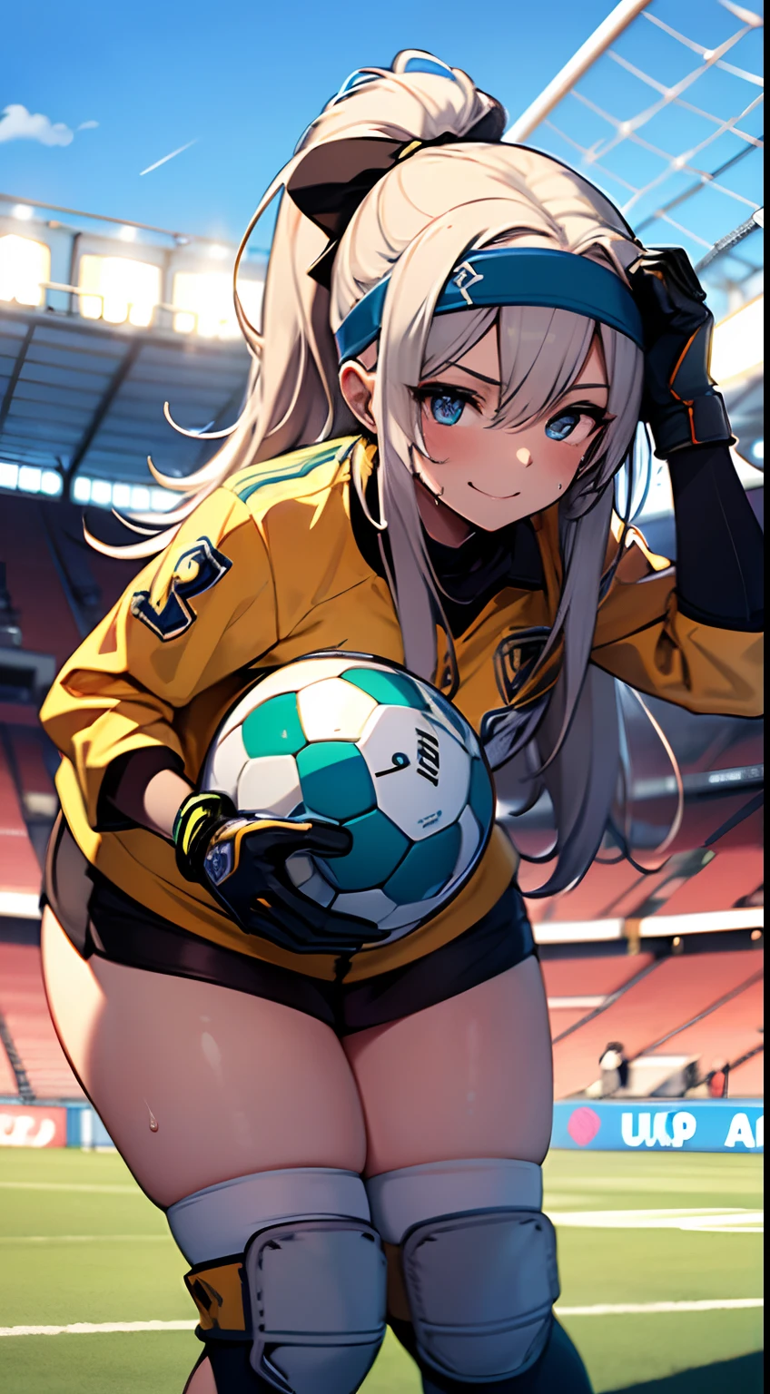 UHD, anatomically correct, 8k, ultra high res, (((masterpiece))), (((best quality))), (((ultra detailed))), (((high-resolution))), ((super fine illustration)), ((Ultimate cutie)), detailed beautiful face, solo, one girl, , potbelly, (curvy), medium breasts, (Thick thighs), shiny hair, happy, (smile), ((goalkeeper)),
BREAK, (((buruma))), long sleeve, headband, ((gloves)), (knee pad), BREAK, ((hold the exposed Beautiful spherical shape 6-inch ball with both hands)), leaning forward, (sweat), (covered in sweat), (heavy breathing), sense of depth, soccer stadium, soccer goal, looking at viewers