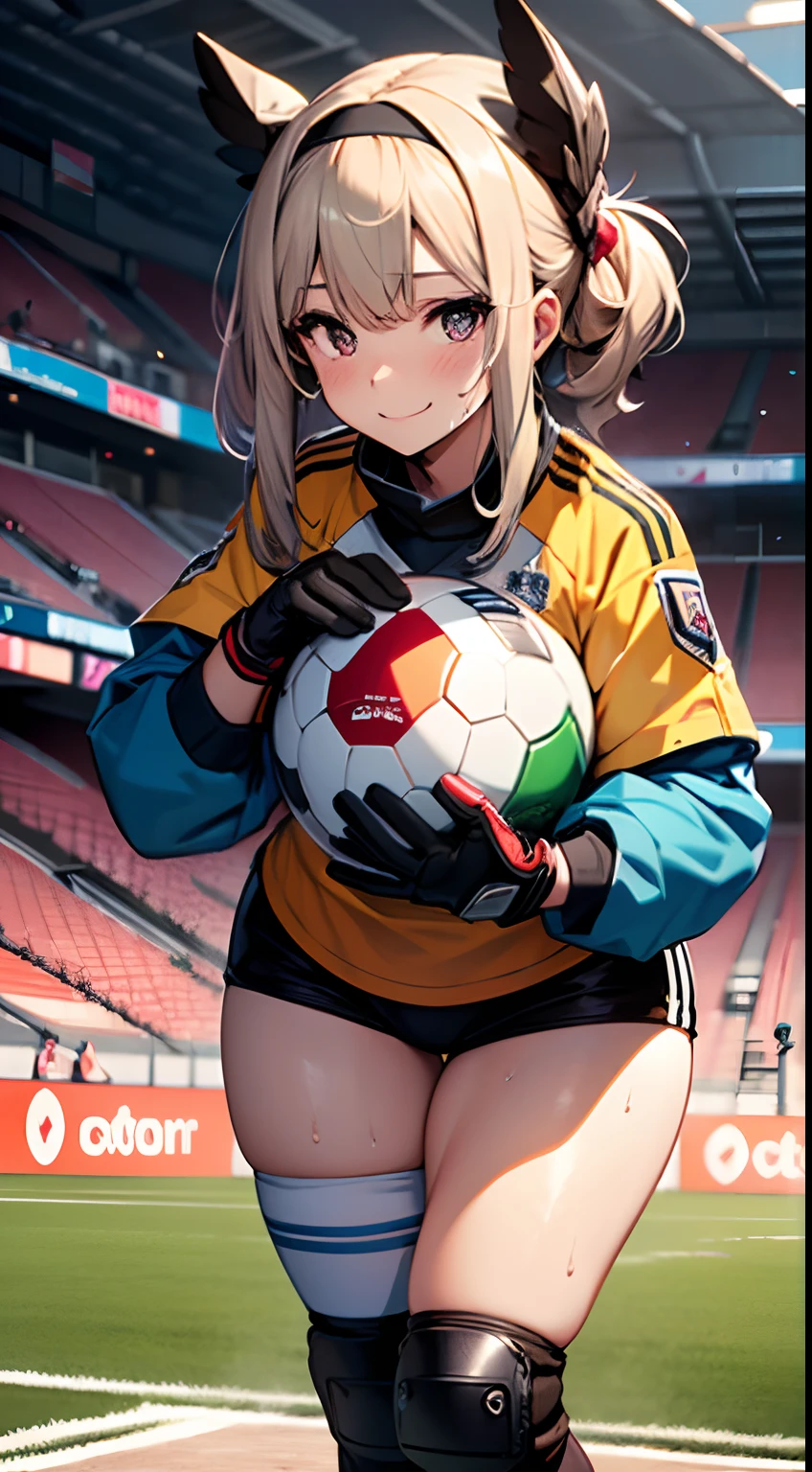 UHD, anatomically correct, 8k, ultra high res, (((masterpiece))), (((best quality))), (((ultra detailed))), (((high-resolution))), ((super fine illustration)), ((Ultimate cutie)), detailed beautiful face, solo, one girl, , potbelly, (curvy), medium breasts, (Thick thighs), shiny hair, happy, (smile), ((goalkeeper)),
BREAK, (((buruma))), long sleeve, headband, ((gloves)), (knee pad), BREAK, ((hold the exposed Beautiful spherical shape 6-inch ball with both hands)), leaning forward, (sweat), (covered in sweat), (heavy breathing), sense of depth, soccer stadium, soccer goal, looking at viewers