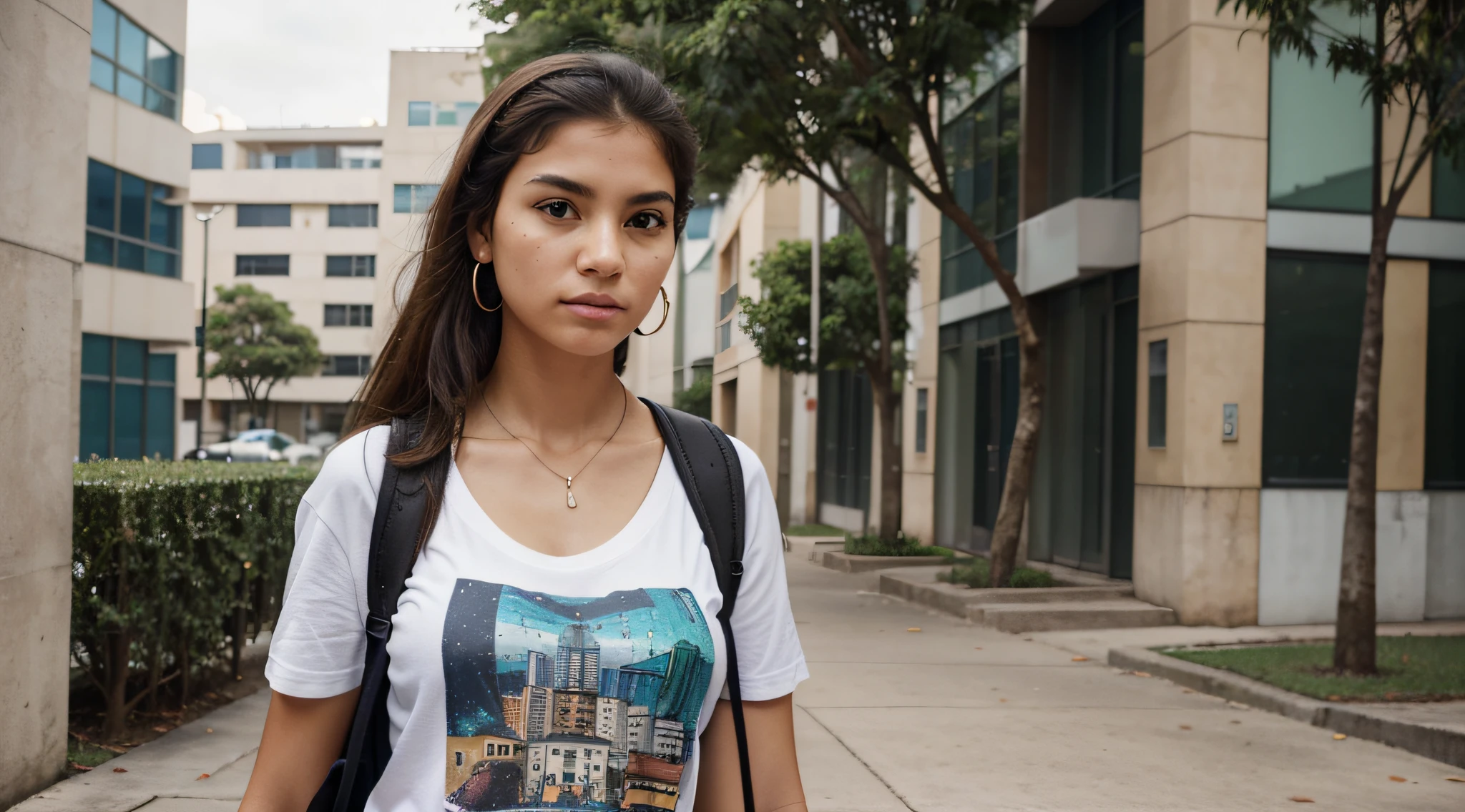 Generate an image of a Brazilian student in a modern university environment. She stands tall, esguio, e tem cabelos ruivos curtos. Her eyes are light brown, determination of irradiation. Ela usa uma roupa estilosa e moderna com um colorido, camiseta abstrata e carrega uma mochila nas costas. She also has wireless earbuds around her neck. In the background, include contemporary urban abstract paintings, Creating an avant-garde atmosphere on the university campus.