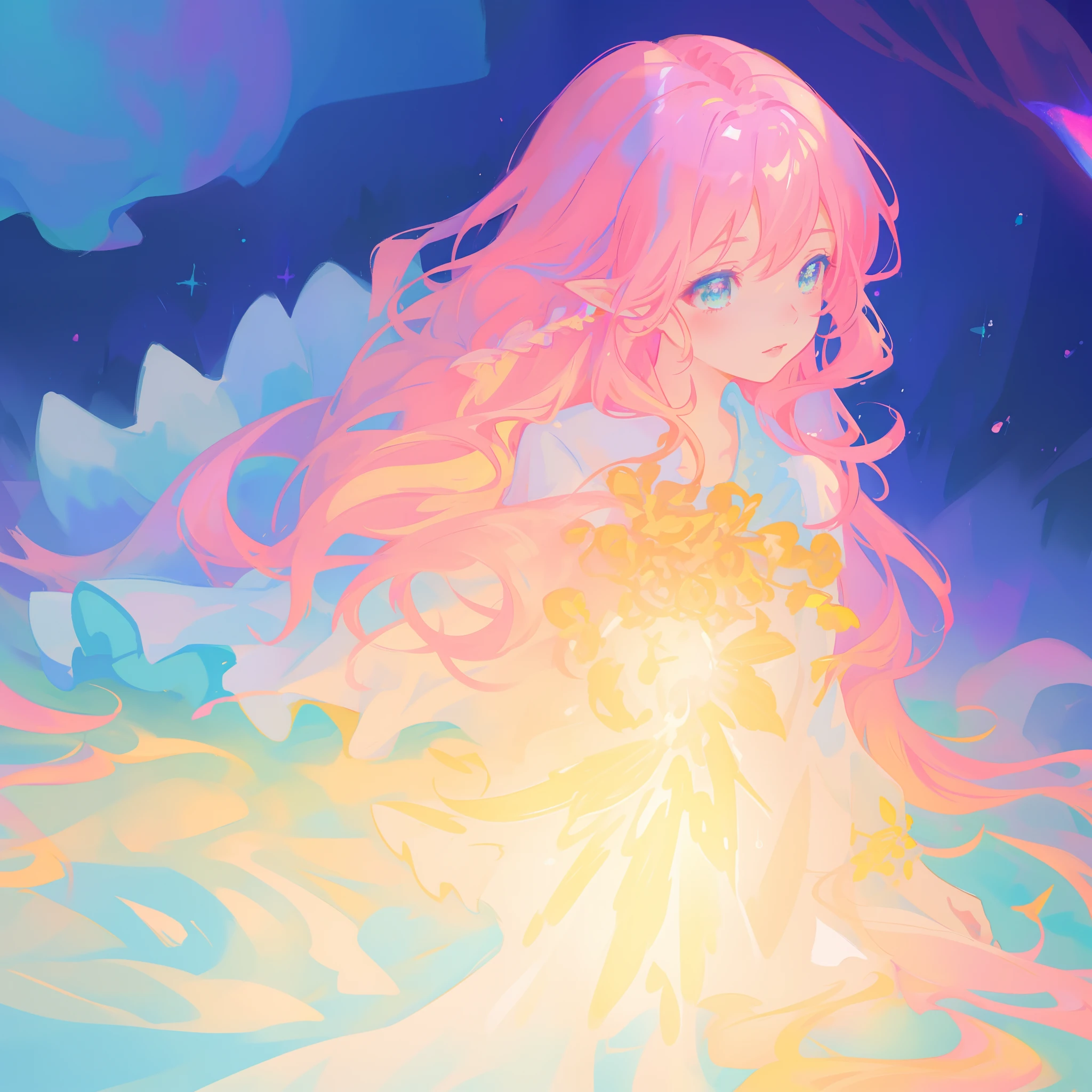 beautiful girl in flowing white dress, looking away, profile view of face, vibrant pastel colors, (colorful), magical lights, long flowing colorful pink hair, inspired by Glen Keane, inspired by Lois van Baarle, disney art style, by Lois van Baarle, glowing aura around her, by Glen Keane, jen bartel, glowing lights! digital painting, flowing glowing hair, glowing flowing hair, beautiful digital illustration, fantasia background, whimsical, magical, fantasy, beautiful face, ((masterpiece, best quality)), intricate details, highly detailed, sharp focus, 8k resolution, sparkling detailed eyes, liquid watercolor