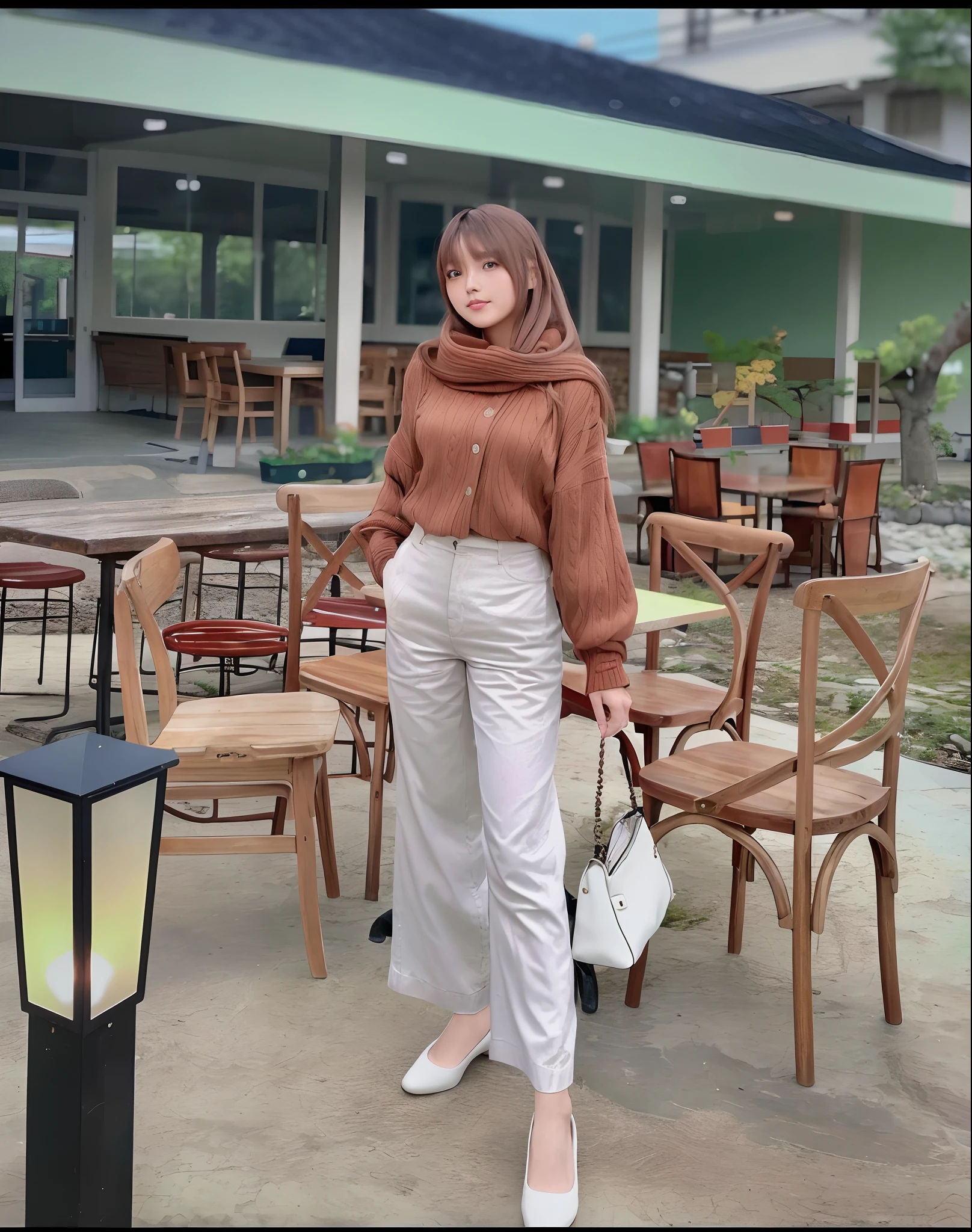 Top Quality, Masterpiece, High Resolution, 8k, Instagram photo, reailistic photo. Low angle photo. Lora: realistic asian. a young woman white skinned,  20 years old, height 160 cm, standing in front of a wooden counter in a restaurant. She is wearing a beige sweater, blue jeans, and beige sandals. She has a hijab on her head and is looking directly at the camera with a serious expression. Behind her, there is a wooden shelf with various items on it, including a potted plant and a coffee machine. The floor is made of white tiles. 