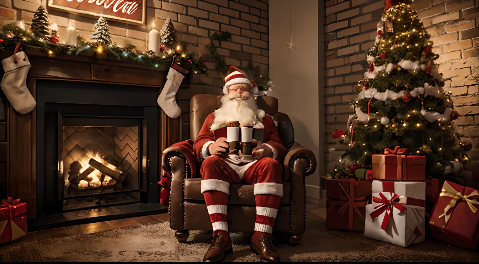 there is a coke santa claus smiling sitting in a chair holding a coke, and a sign writed 'for sparkling holidays', in a cozy christmas ambience, christmas tree with gifts,brick wall, with a adornated christmas room with a cozy brick fireplace, a room full of christmas decorations, do it better, refine the objects