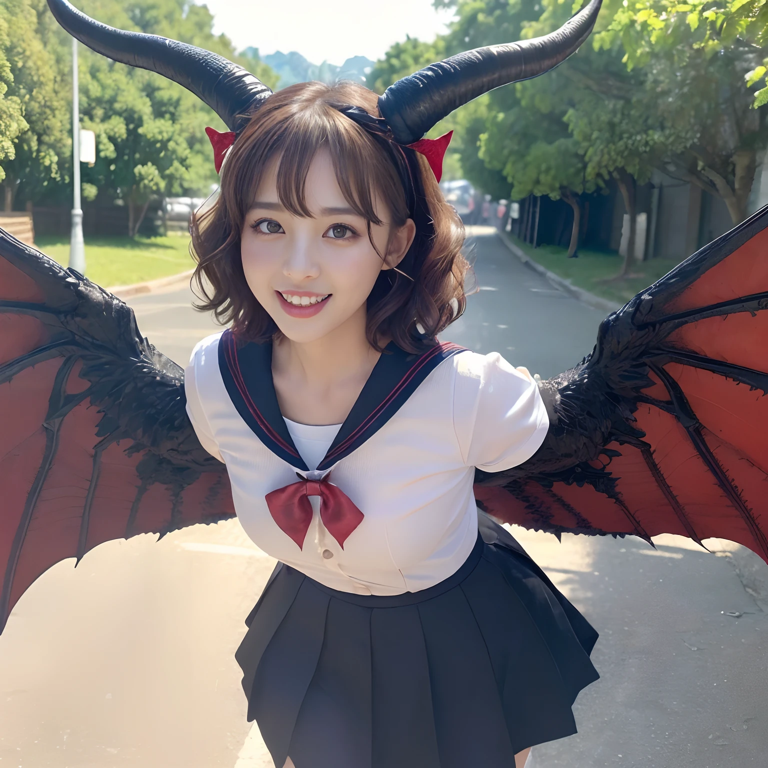(((masutepiece、top-quality)))((1 schoolgirl、Wearing a sailor suit、School Sailor Uniform、Perfect sailor suit、Red ribbons、Navy skirt))、((Huge and intricate demon wings,Wings with a very elaborate texture,Wings with a very complex texture,Creature wings with a very realistic texture,Wings with the most exquisite texture、Perfectly reproduces the texture of the eerie wings、Very flaky and detailed wing texture、Wings of a terrifying monster,Terrible and ugly wings、The most terrifying wings、Wings with unimaginably complex textures、The most terrifying and creepy wings、Huge, craggy devil's horns、Corners of the most complex textures、Photorealistic Devil's Wings、Photorealistic Devil's Horns、The most terrifying devil's wings、Wings unimaginably horrible、Big Devil's Horn,Realistic and big horns,Very complex and terrifying demon horns、Creepy horns,Horn with a very elaborate texture、Terrible and ugly horns、((The background is the route to school、Walking along the school route surrounded by nature、Walking on the way to school))、8K,An ultra-high picture quality,The most beautiful idol faces,Mature Face、The biggest smile staring at the camera、美丽的面容、Beautiful teeth、natural make up、Natural bright lighting、short-hair、waved hair、Classy wavy hair