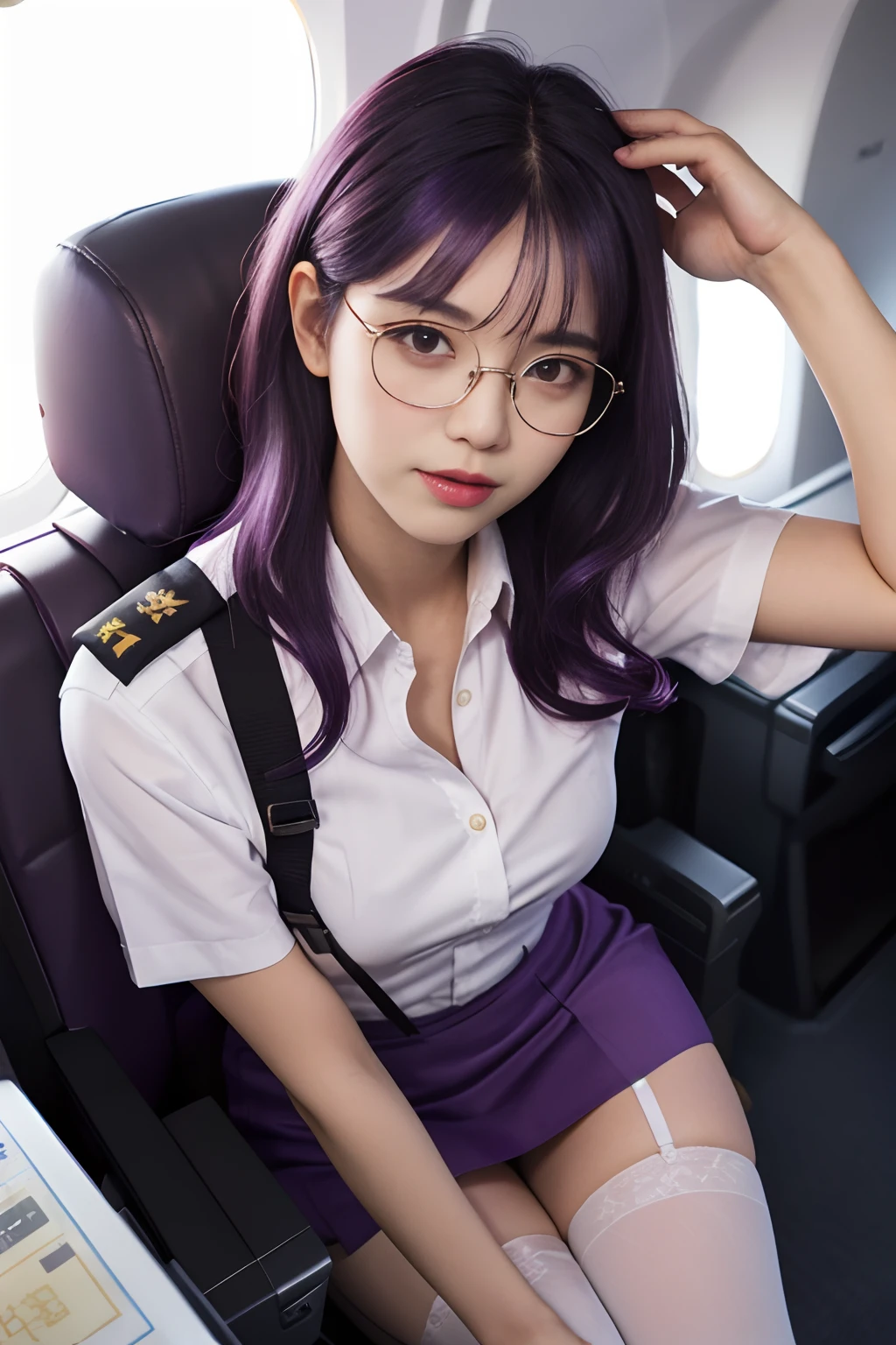 (Best quality: 1.1), (Realistic: 1.1), (Photography: 1.1), (highly details: 1.1), (1womanl), Airline pilot, oat,White shirt,Short skirt,black lence stockings,bent down,In the plane,KafkaHKS,hong kong,Purple eyes, Purple hair, eyewear on head, sunglasses,
