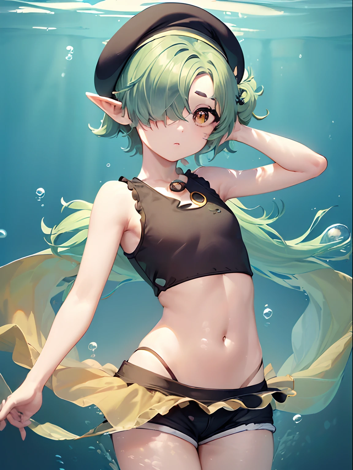kawaii, anime style, masterpiece, best quality, ultra detailed, a girl floating in cider, 1girl, timid younger_sister no_sense_of_presence cute beautiful_round_eyes, ((hair over one eye:1.5) (one eye under hair:1.5):1.4) (green hair:1.5) messy_short_hair (messy hiar:1.3) (short hair:1.4) bangs_too_long, (flat chest:1.4) too_skinny_body_shape, 16years_old elf (beret) sleeveless_crop_top_vest (shorts:1.5), (bubbles, underwater:1.5)