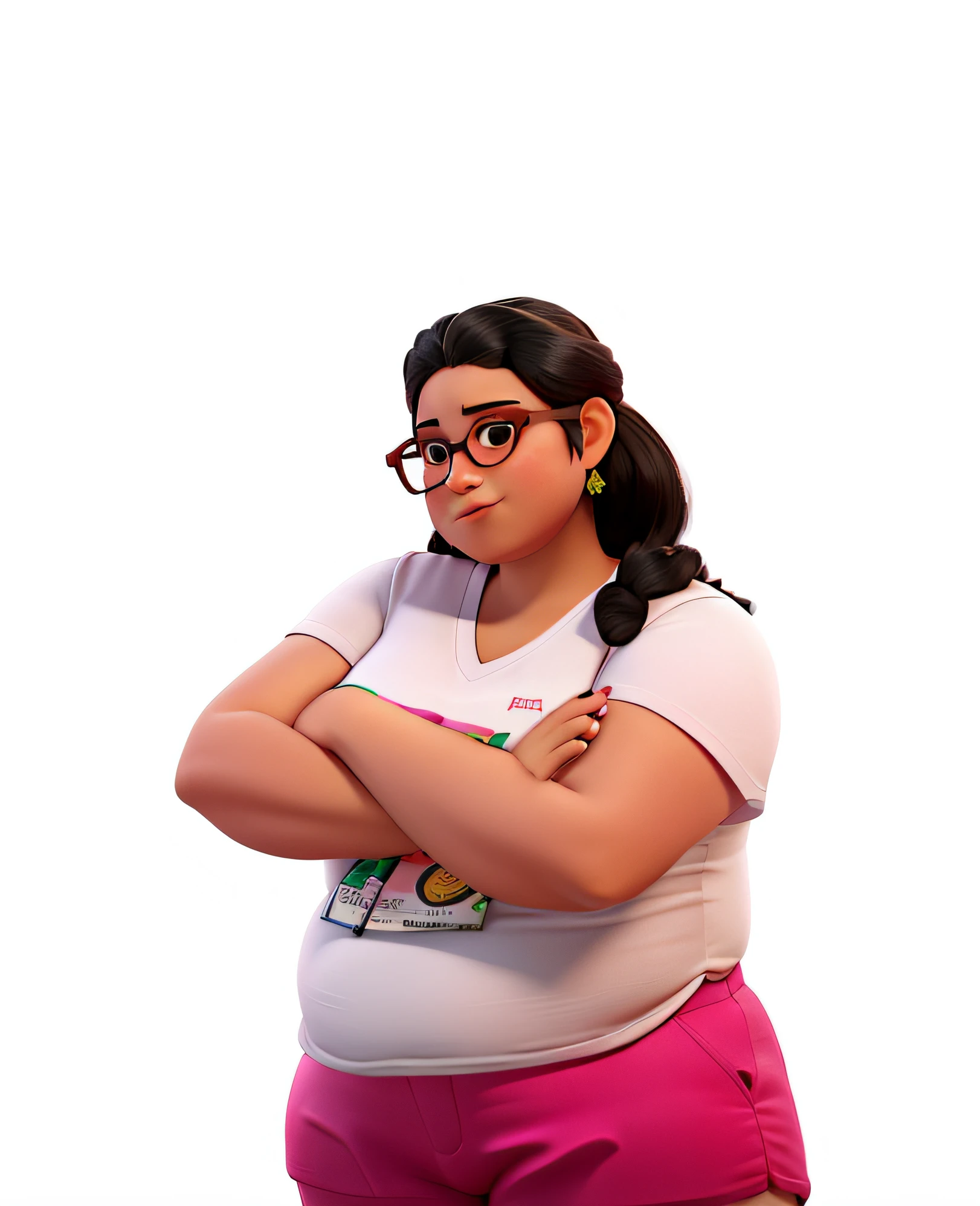 Woman, Brazilian, chubby, wearing pink pants, glasses, arms crossed