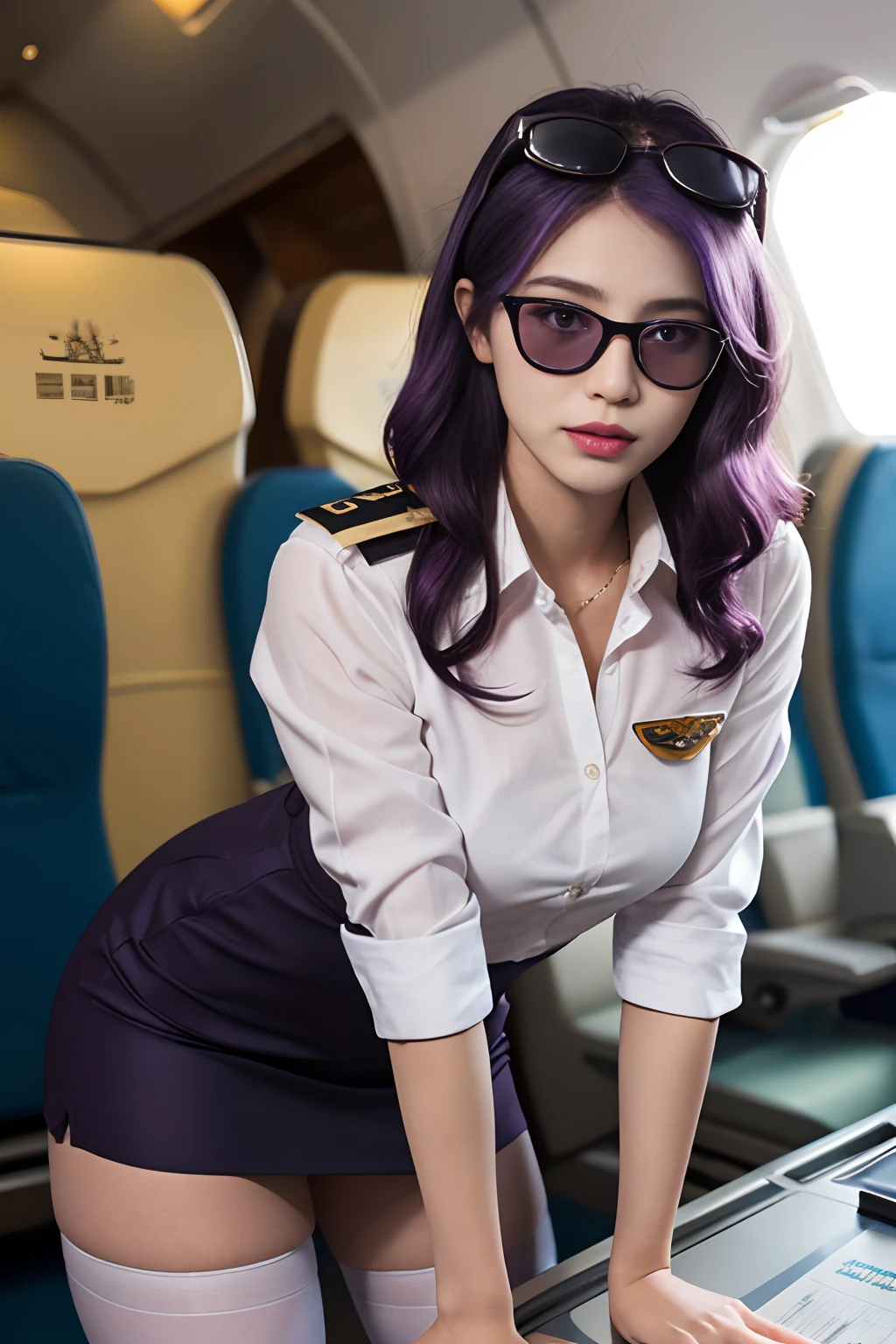 (Best quality: 1.1), (Realistic: 1.1), (Photography: 1.1), (highly details: 1.1), (1womanl), Airline pilot, oat,White shirt,Short skirt,black lence stockings,bent down,In the plane,KafkaHKS,hong kong,Purple eyes, Purple hair, eyewear on head, sunglasses,