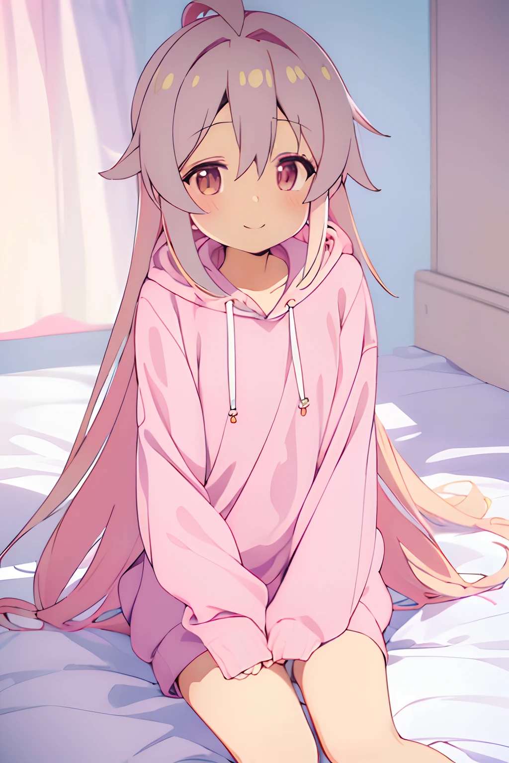 ((Oyama mahiro)), (Anime 1.5), ((Masterpiece)), (High Definition:1.3), (Professional Photography:1.2), (flat body), pale pink hair, silky long hair, (undress hoodie), smile, cute and beautiful, ahoge, blush, brushing hairs behind ears, lie down on the bed