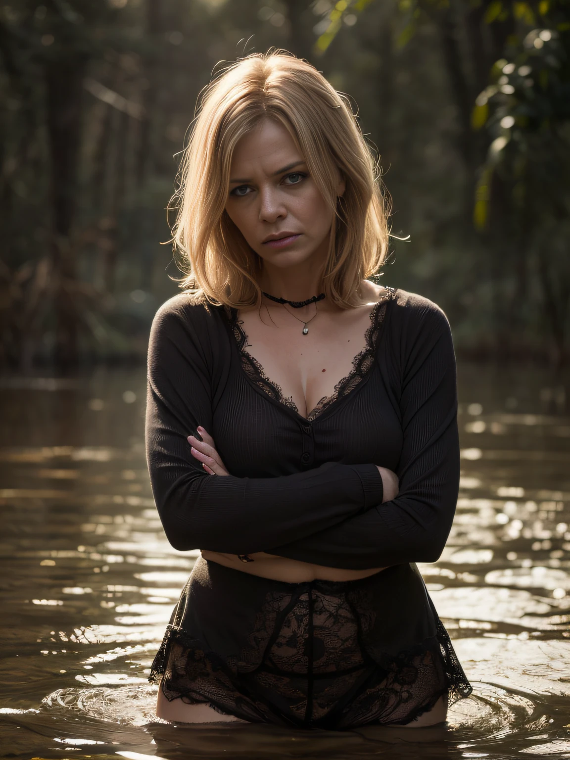 "(Best Quality,hight resolution:1.2),Mature scruffy woman with traces of use,Expressive wrinkles,Bob haircut,jeans skirt,lace blouse,(lace stockings with garters), standingn, ( drowning in a swamp:1.2),long eyelashes,expression of despair,Dark and moody lighting, terror. The pose expresses panic and awkwardness"