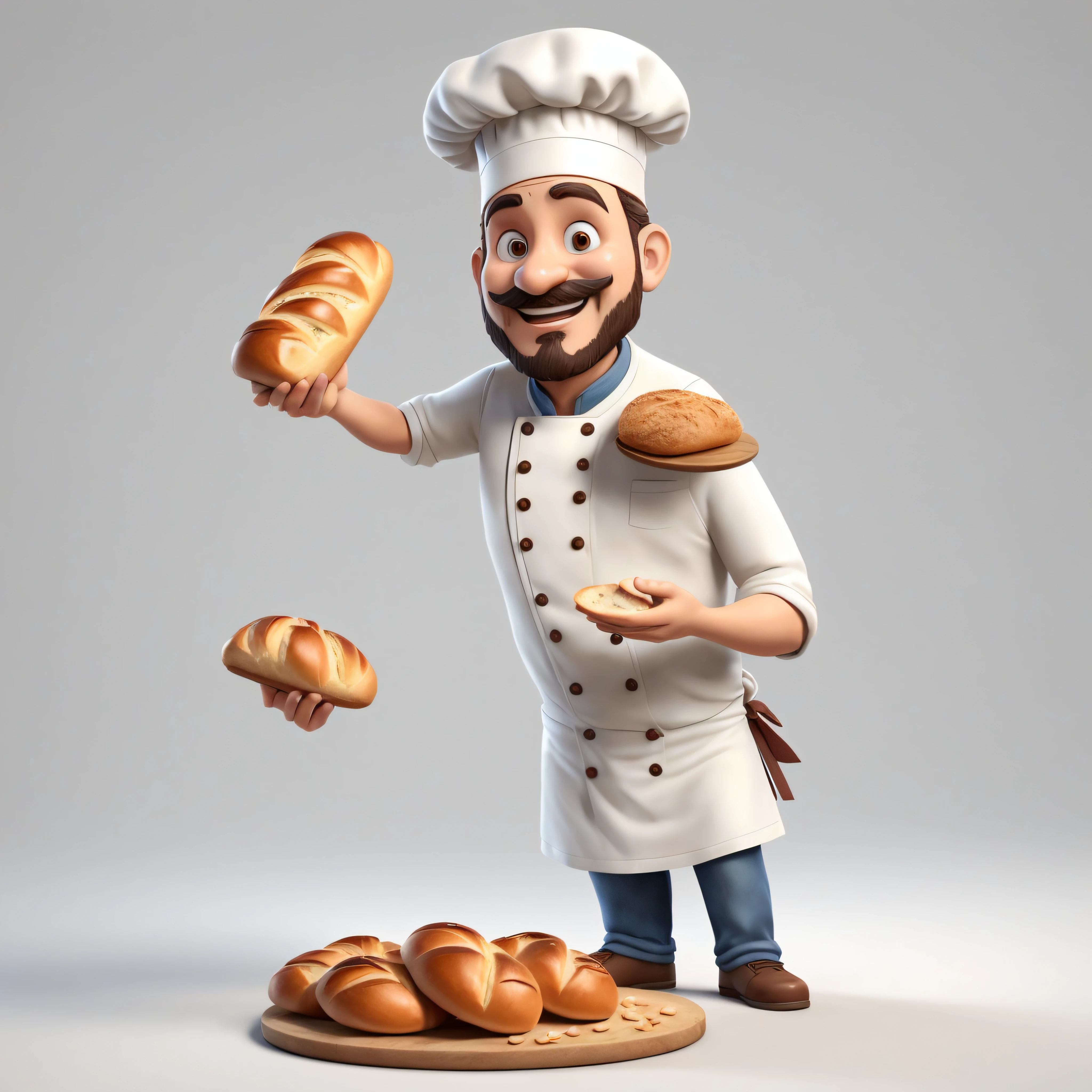 Arafed man in chef's uniform holding bread and a tray of bread, baking artwork, melhor chef, chef feliz, Bread, Alimentos comerciais 4K, cozinhar, segurando uma baguete, art render, Personagem 3D, Personagem 3D, Artista CG, Arte de personagem 3D, Artista 3D, 3 d renders, 3 d character render, Personagens 3D