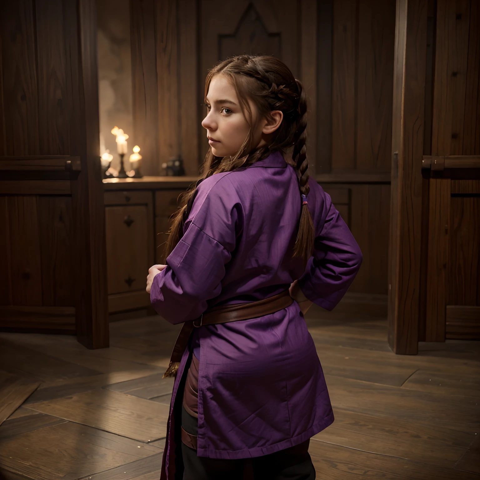 1girl, reference sheet, matching outfit, (fantasy character design, front angles, side angles, rear angles) Alistair, Dwarf character design. stocky and short frame, feminine appearance with braided beard. 1object, reference. Plain wizard robe purple. Striking red eyes with a flat expression hint of magical prowess. Long braided hair, intricate arcane symbols on attire., distinctive dwarf female features (masterpiece:1.2), (best quality:1.3).