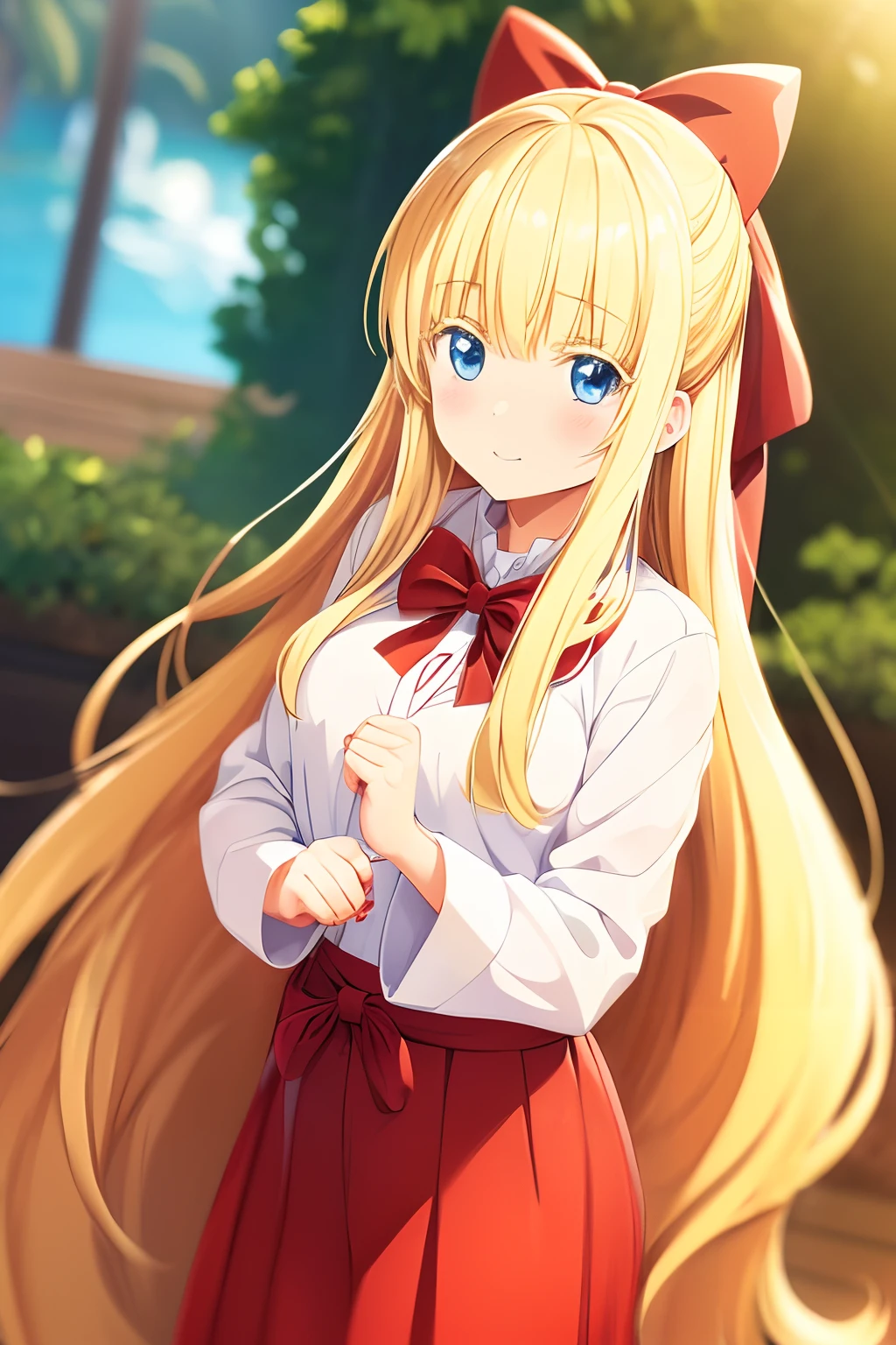 (((Cute blonde woman, long hair with red bow, Blue eyes))), cute red yukata, Geta, 8k, very detailed, heart earring, cute pose