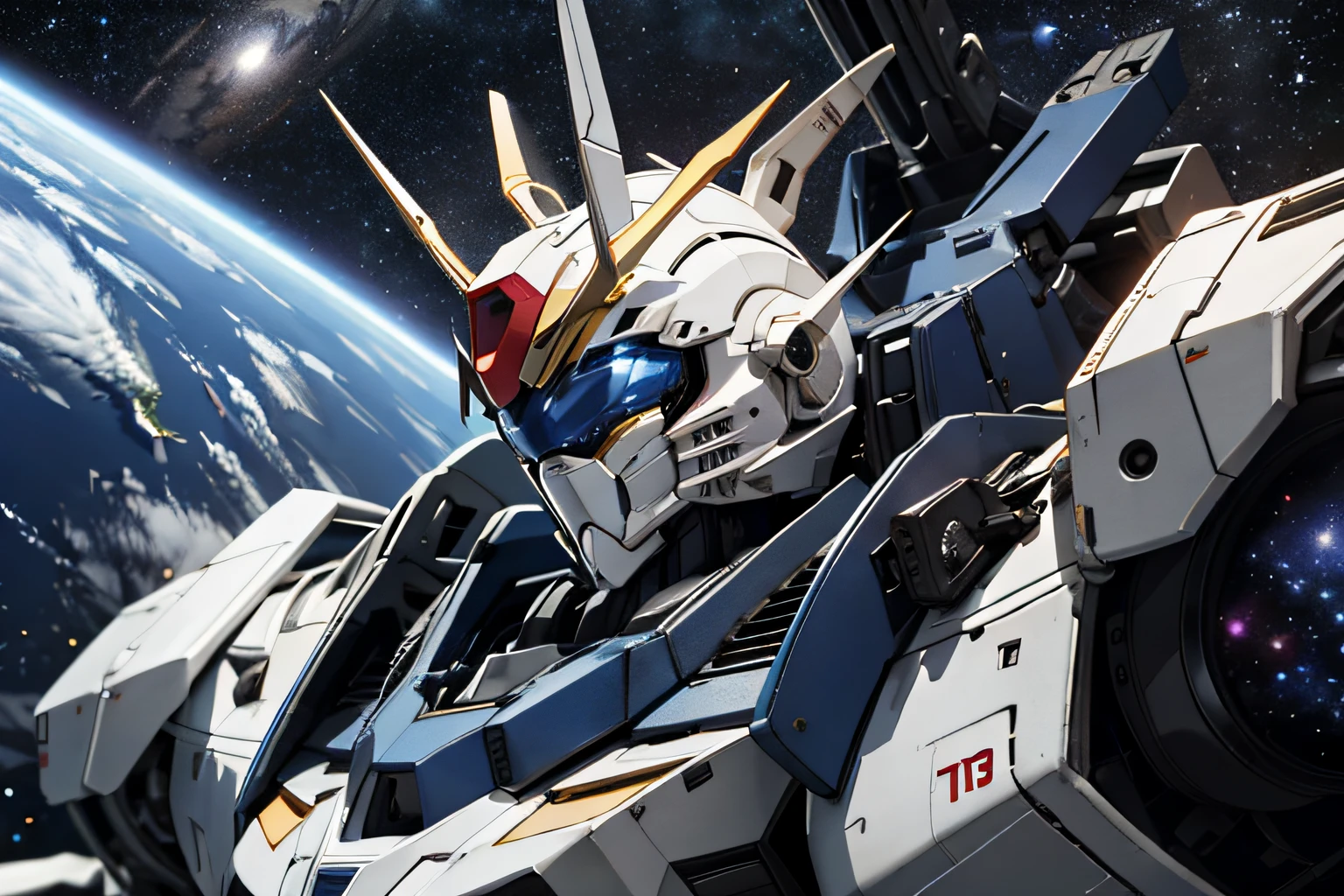 Mobile Suit Gundam with a blue and white body、Fly in outer space。Earth with stars on background、