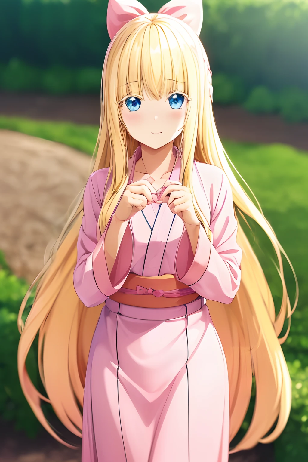 (((Cute blonde woman, long hair with pink bow, Blue eyes))), cute pink yukata, Geta, 8k, very detailed, heart earring, cute heart pose with two hands
