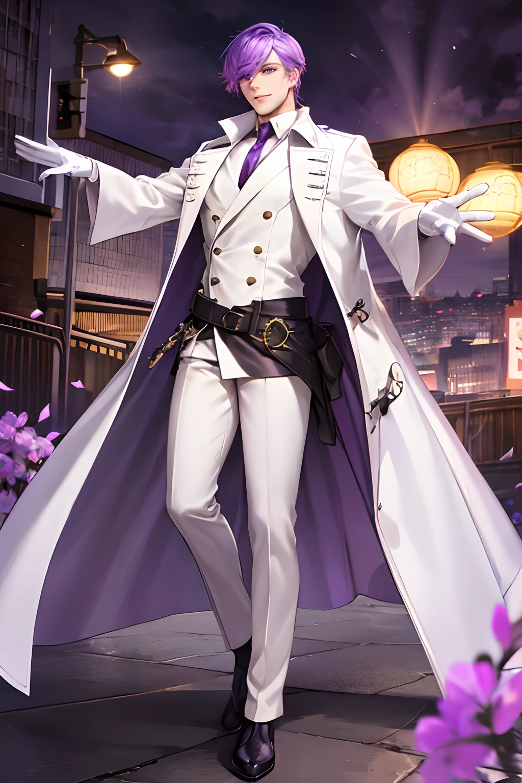 Tall man, flowing purple hair, beautiful purple sparkly eyes, standing in a cloudy world, arms outstretched, blissful, bloodshot eyes, wearing a long white duster coat, white dress shirt, purple flower on coat, white pants, white gloves, golden watch, golden rings, golden necklace, white boots, ecstatic, handsome, divine, wispy, muscular male, buff, intimidating, mighty, detailed, masterpiece, perfect, fur coat, puffy trenchcoat, chiseled face, handsome, smiling