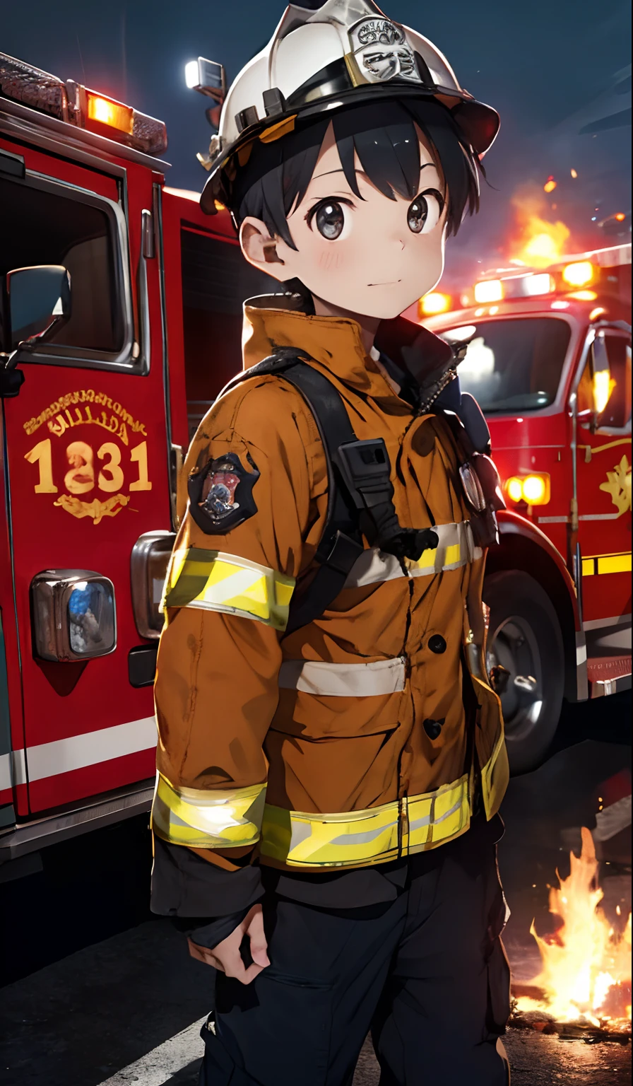 firefighter,  4K picture quality, Cinematic,Near fire trucks,{***************},{tiny body}, silber hair,cute little, Cool, Charismatic,Fighting Fire