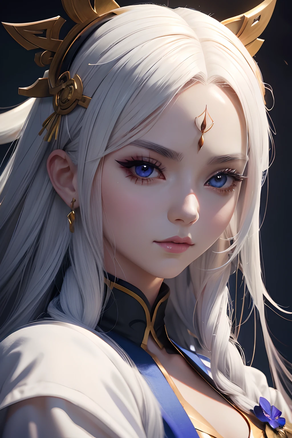 anime styled、One Person18Beautiful woman of age、Moisturized eyes、ciri、a picture、androgynous hunnuman、oval jaw、Delicate features、Beautiful expression、The hair、Long bangs、long pony tail、Blue eyes with a beautiful glow、LDS Art