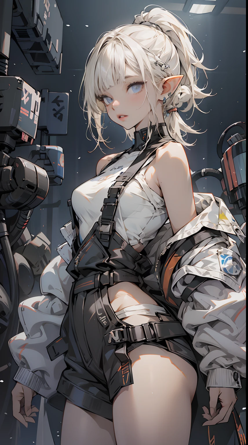 (1 girl), beauty elf, Ordinary worker, big breasts, perfect body, overalls, tired, dirty, messy, cyberpunk, sci-fi, tech wear, character portrait, bare shoulders, intricate, digital art, (asymmetrical bangs:1.3), ponytail hair, highly detailed face and eyes, Perfect lips, (white blonde hair, Deep Blue Eyes:1.2), Aesthetic, cinematic Lightning, by Yusuke Murata.