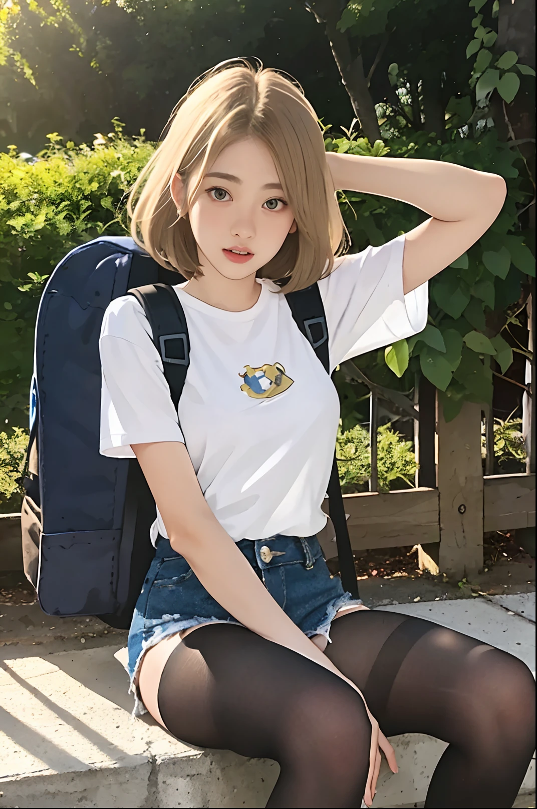-teen, European,nde, Small breasts, Big eyes, close-up on breasts, low-cut t-shirt, denim shorts, powder tights, backpack, sexmachine, Ray Tracing, HDR