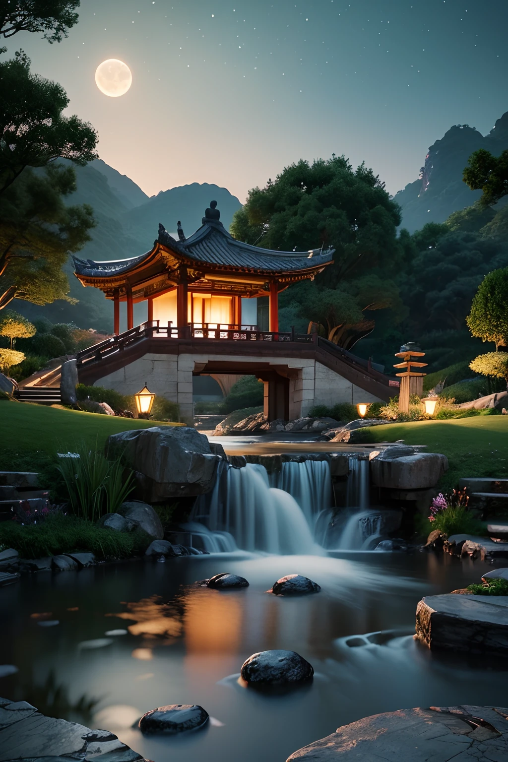 Ancient Chinese architecture, moon, midnight, garden, bamboo, lake, stone bridge, rockery, arch, corner, tree, running water, landscape, outdoor, waterfall, grass, rock, water lily, hot spring, water vapor, (Illustration: 1.0), Epic Composition, Realistic Lighting, HD Details, Masterpiece, Best Quality, (Very Detailed CG Unity 8k) --v 6